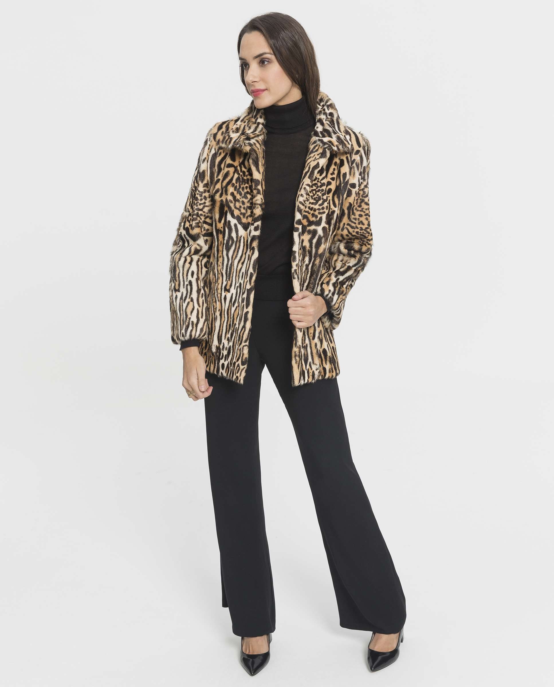 Abrigo de pelo de mujer de piel kid con estampado de leopardo - De la Roca - Marrón Marrón-4