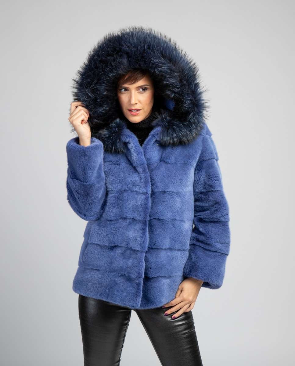 Abrigo de pelo de mujer de visón con capucha - De la Roca - Azul Azul-1