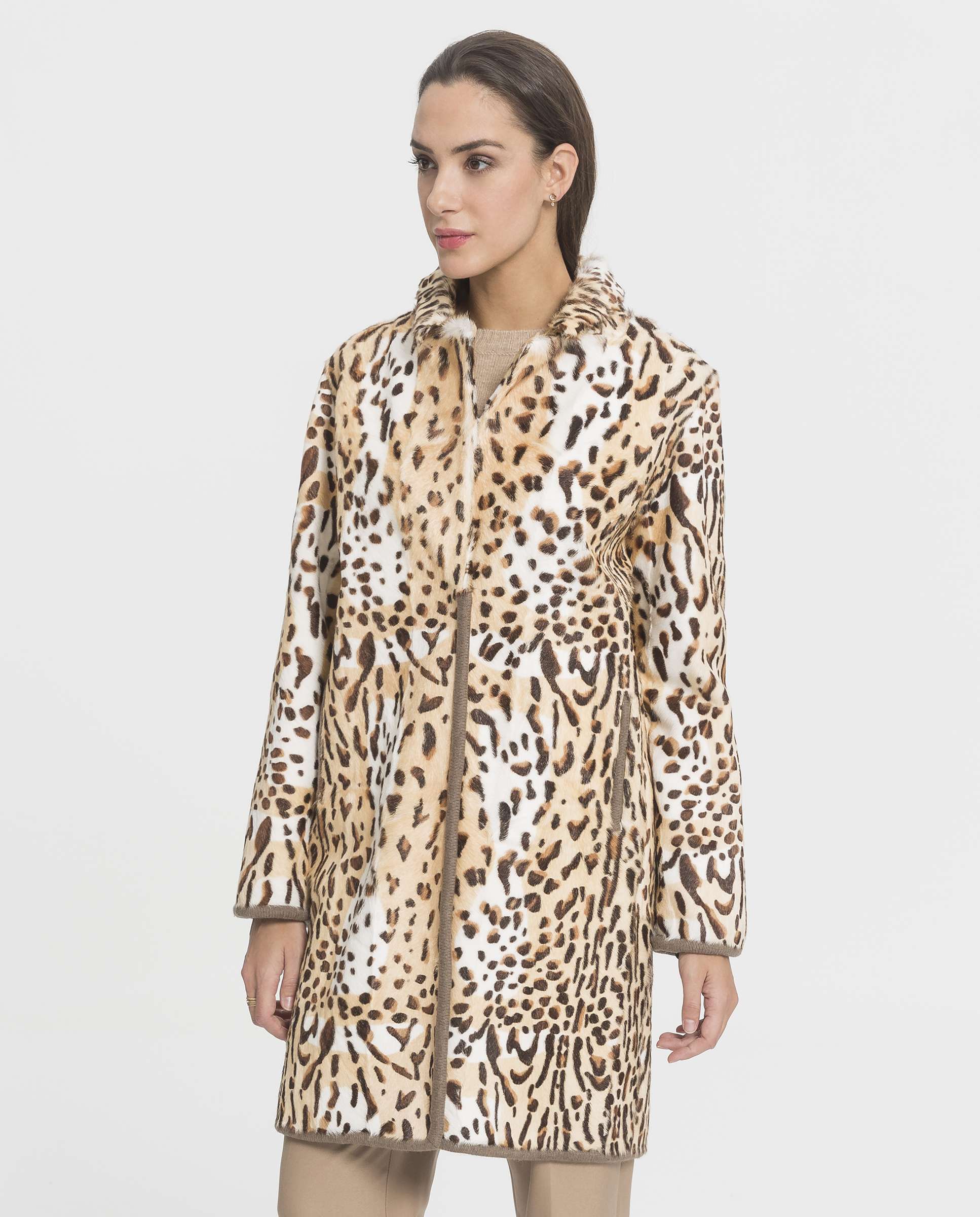 Abrigo de pelo de mujer de piel kid reversible con estampado de leopardo - De la Roca - Beige/Marrón Beige/Marrón-1