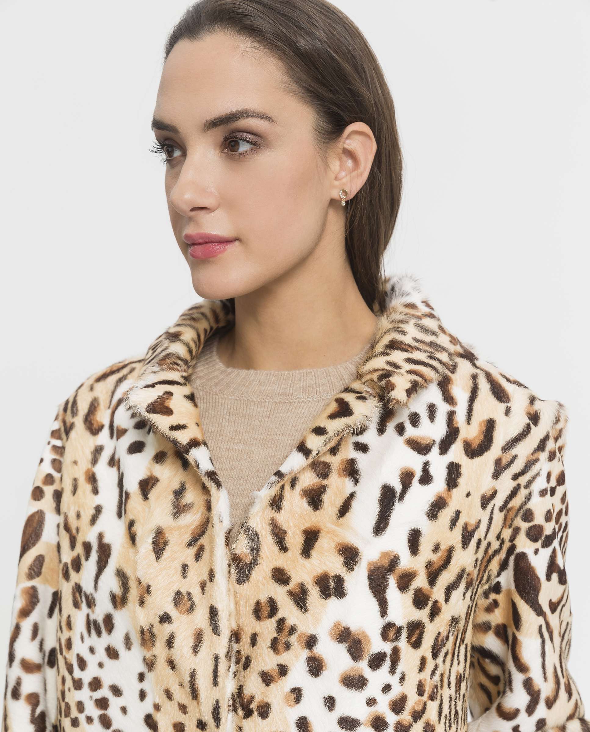 Abrigo de pelo de mujer de piel kid reversible con estampado de leopardo - De la Roca - Beige/Marrón Beige/Marrón-3
