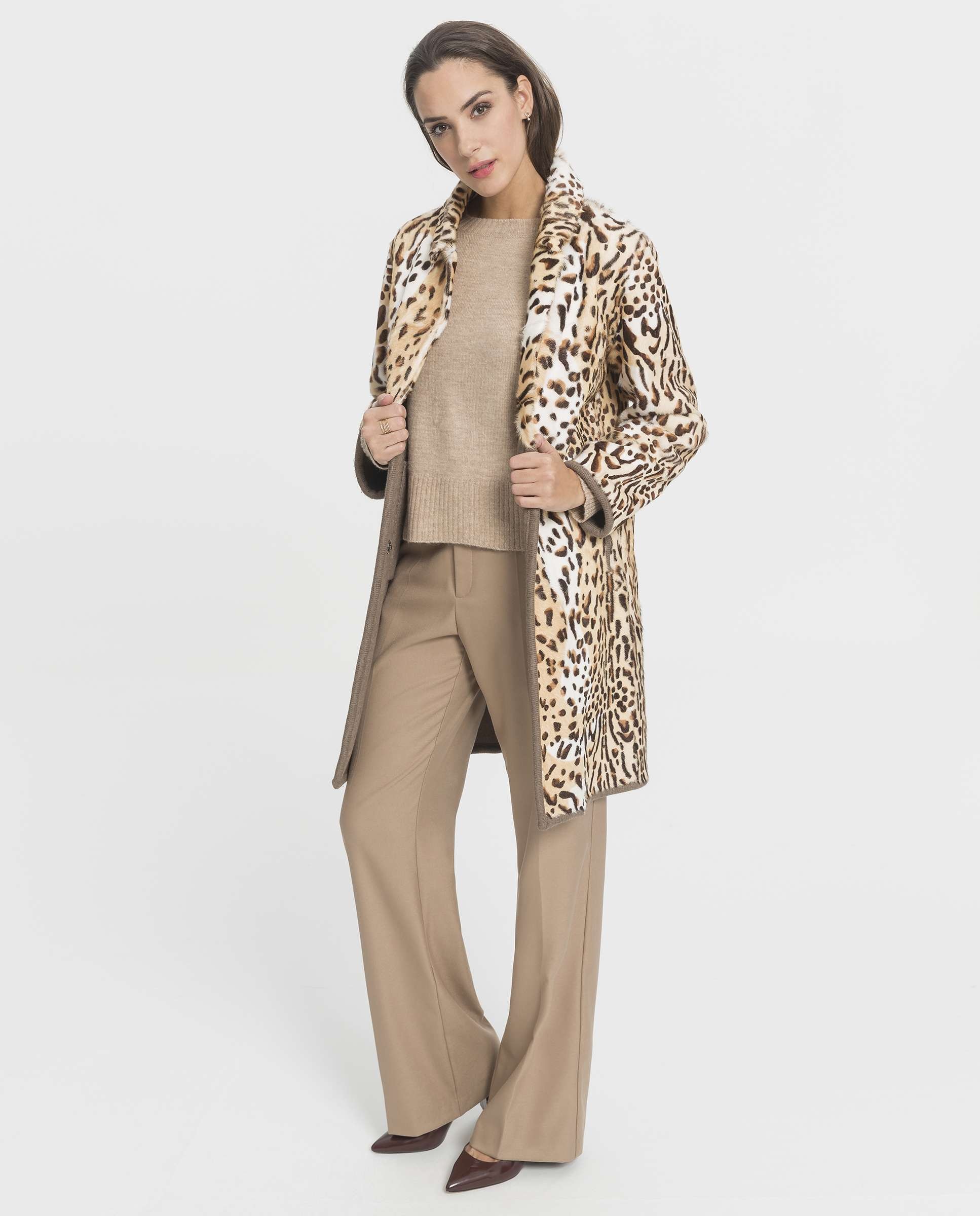 Abrigo de pelo de mujer de piel kid reversible con estampado de leopardo - De la Roca - Beige/Marrón Beige/Marrón-4
