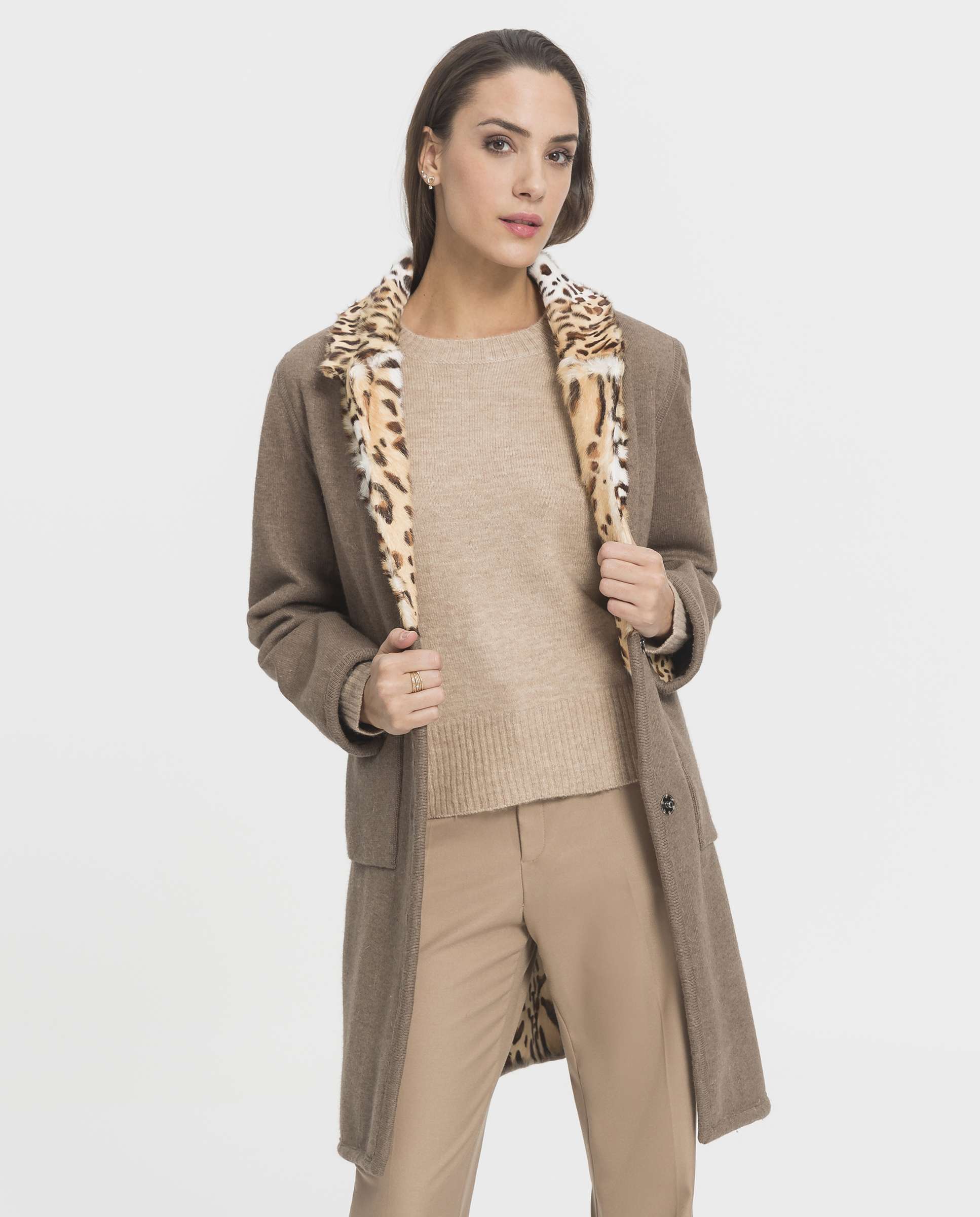 Abrigo de pelo de mujer de piel kid reversible con estampado de leopardo - De la Roca - Beige/Marrón Beige/Marrón-5
