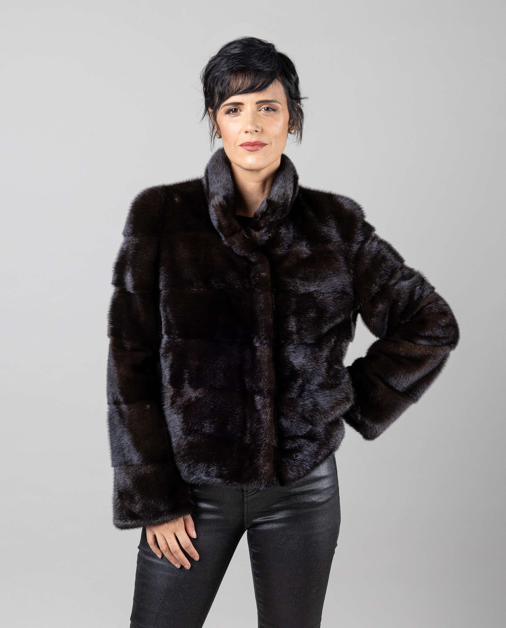 Chaqueta de mujer de pelo de visón con cuello levantado - De la Roca - Marrón Marrón-6