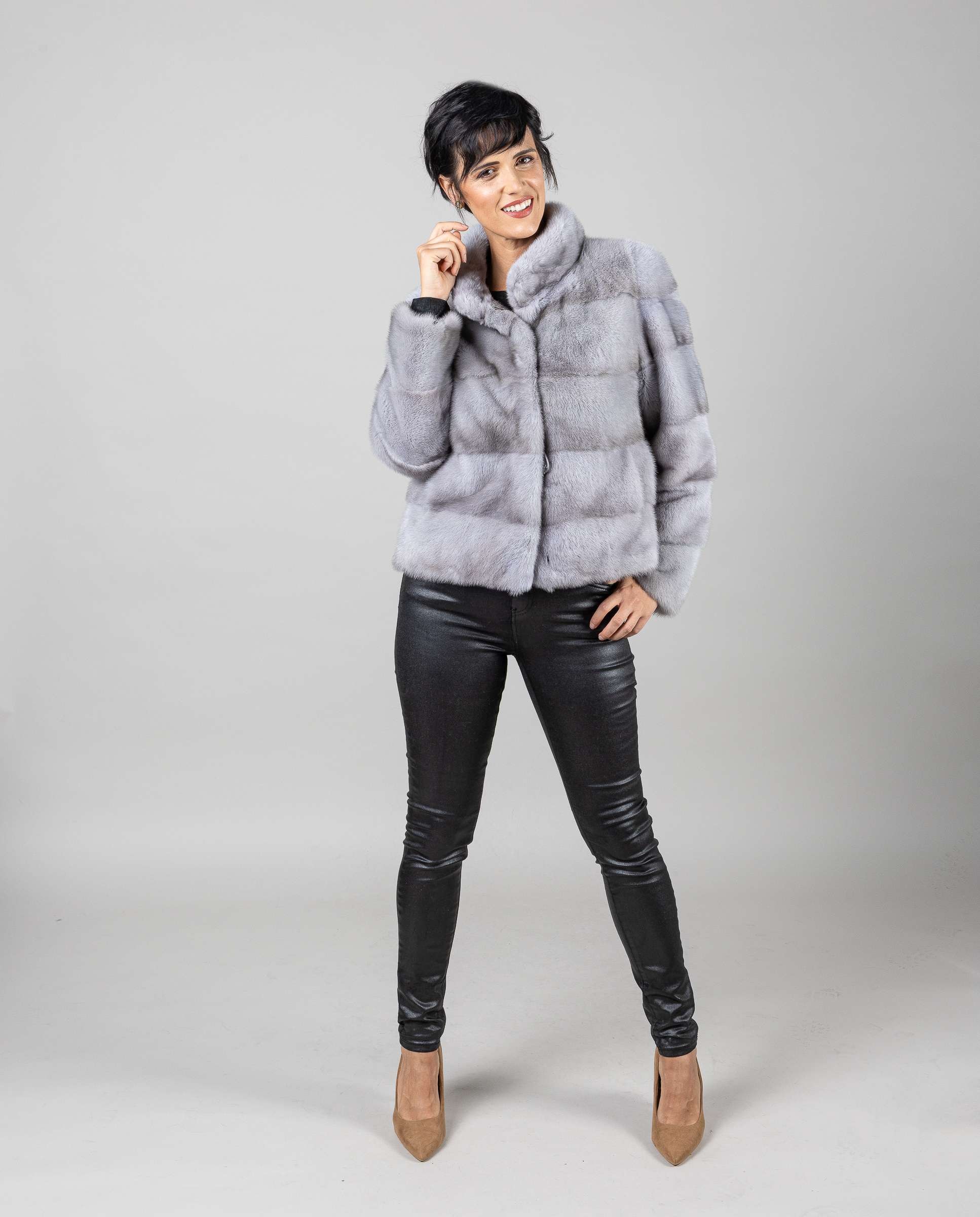 Chaqueta de mujer de pelo de visón con cuello levantado - De la Roca - Gris Gris-4