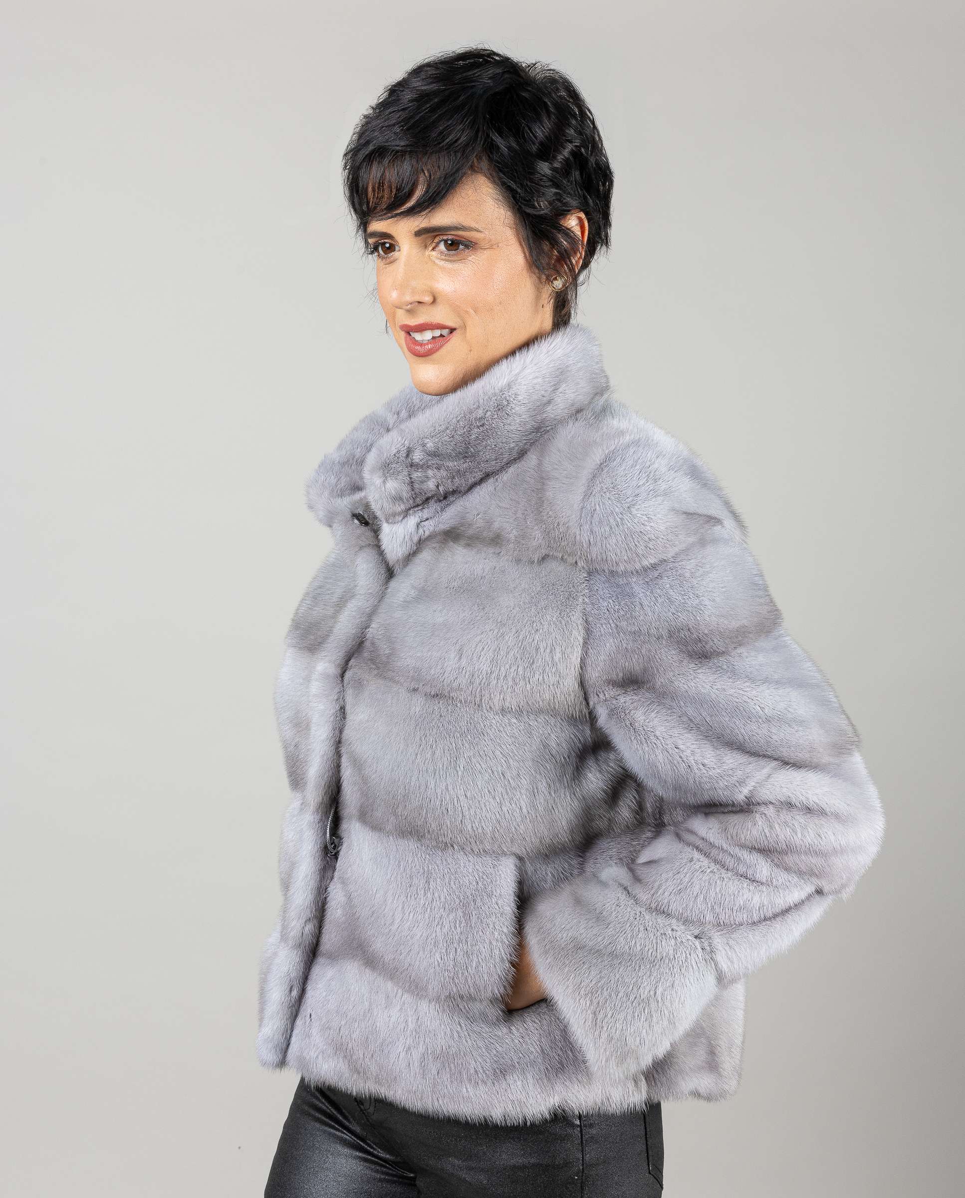 Chaqueta de mujer de pelo de visón con cuello levantado - De la Roca - Gris Gris-6