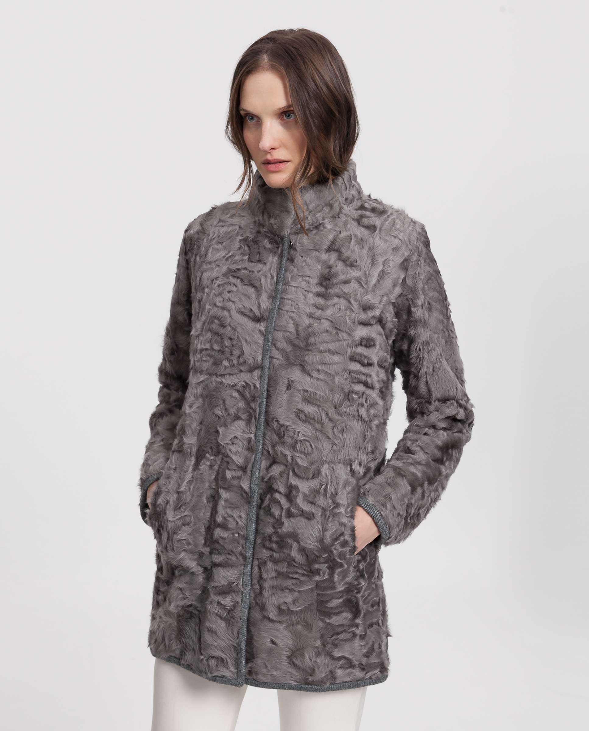 Abrigo de pelo de mujer de piel de cordero reversible - De la Roca - Gris Gris-1