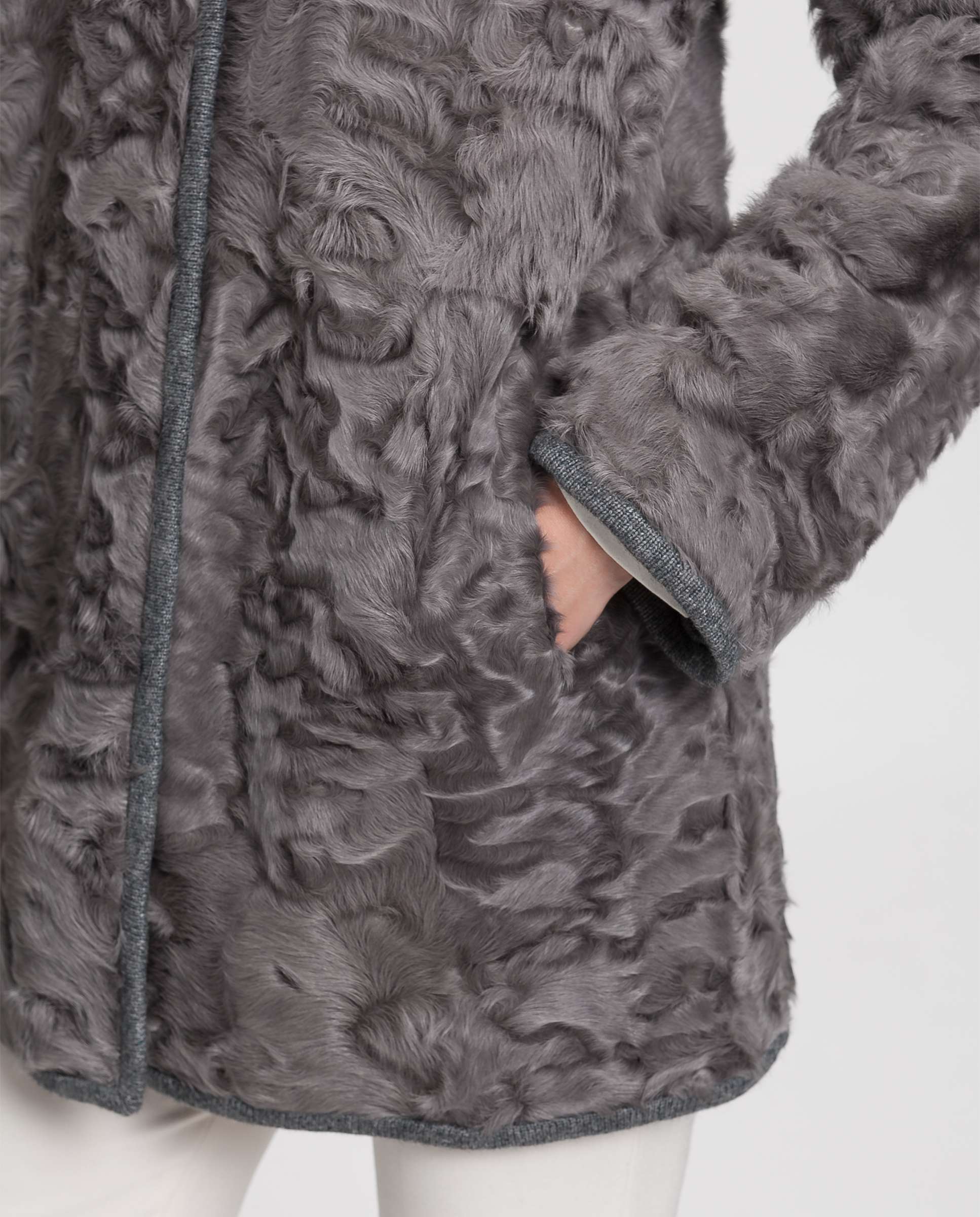 Abrigo de pelo de mujer de piel de cordero reversible - De la Roca - Gris Gris-3