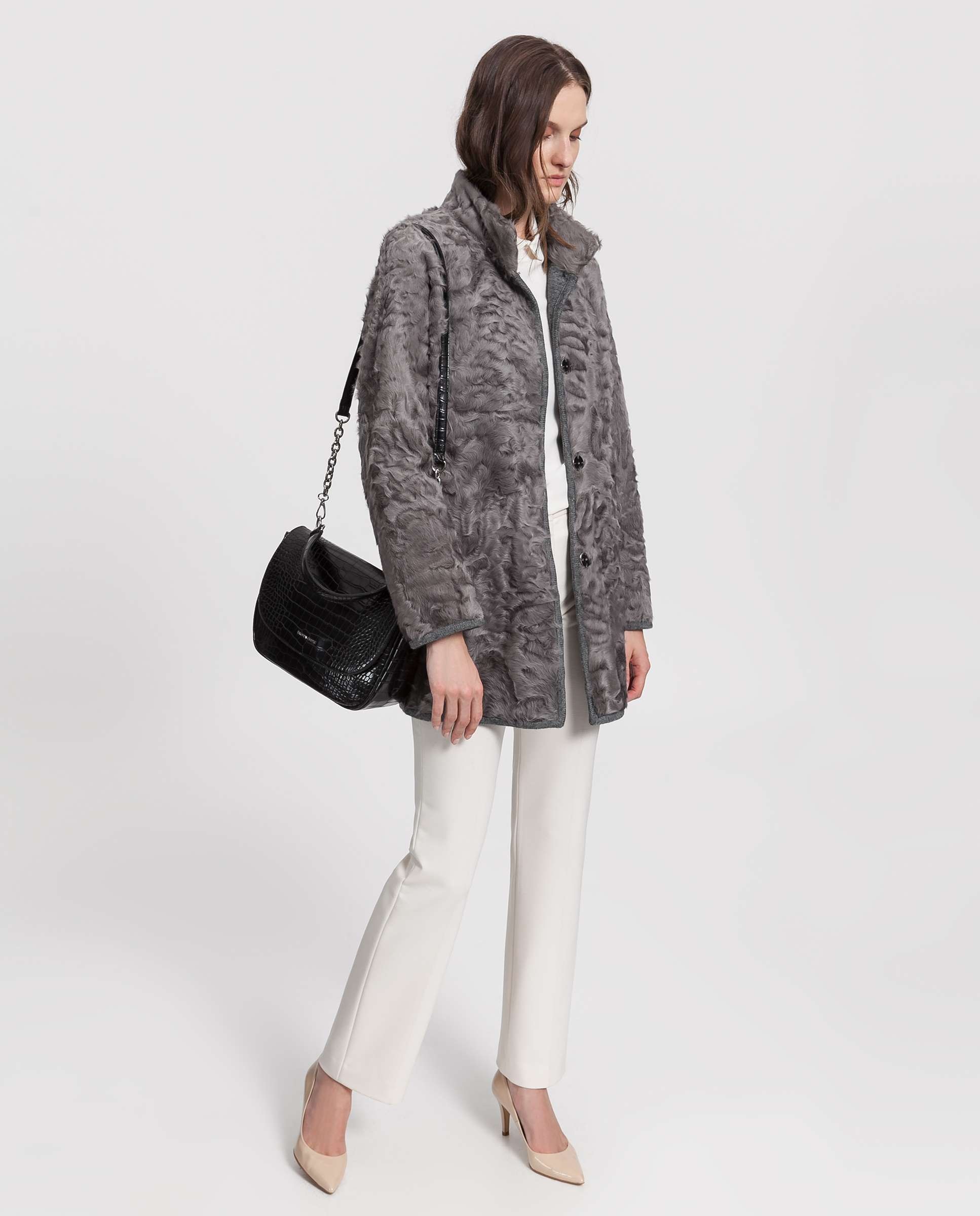 Abrigo de pelo de mujer de piel de cordero reversible - De la Roca - Gris Gris-4