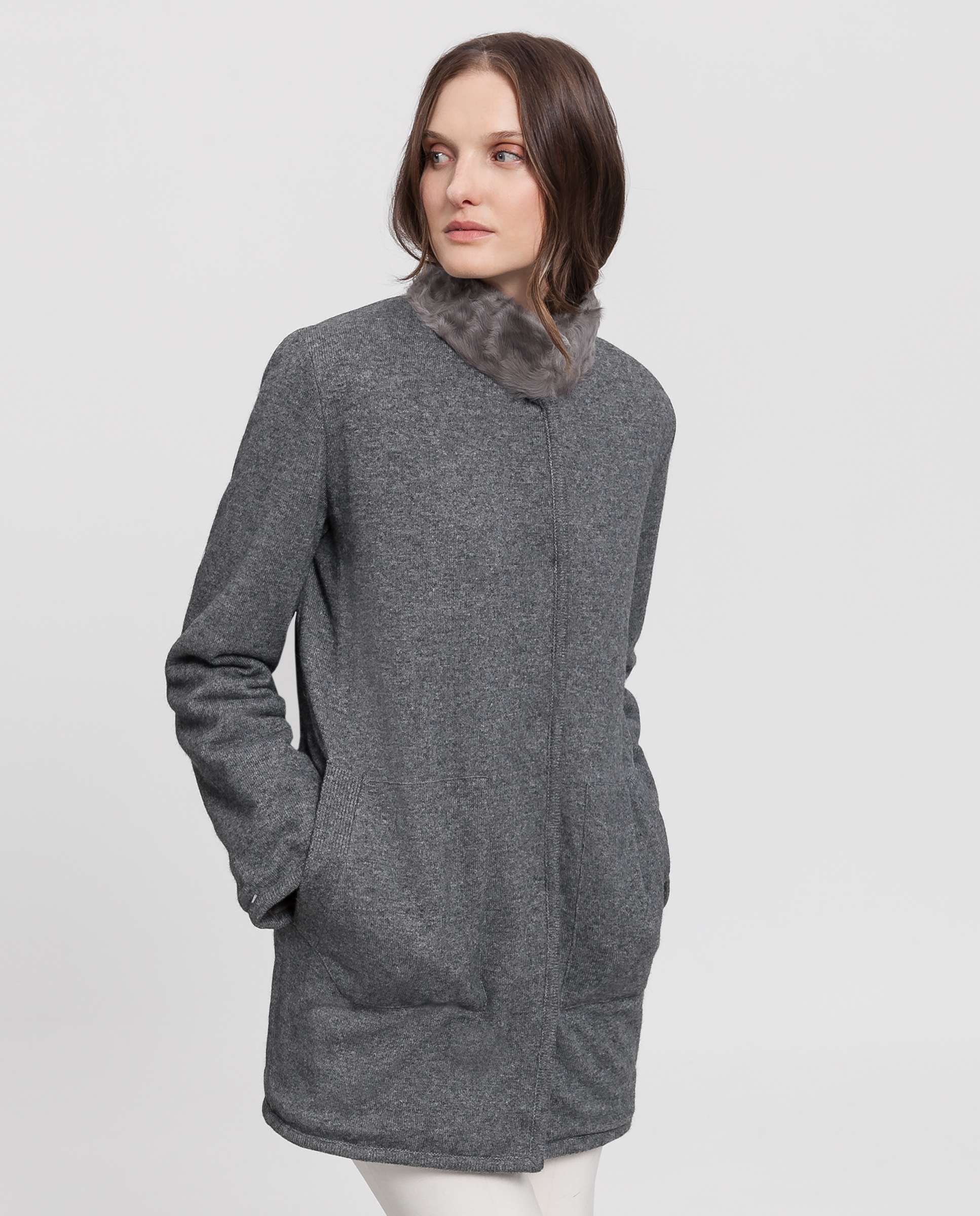 Abrigo de pelo de mujer de piel de cordero reversible - De la Roca - Gris Gris-5