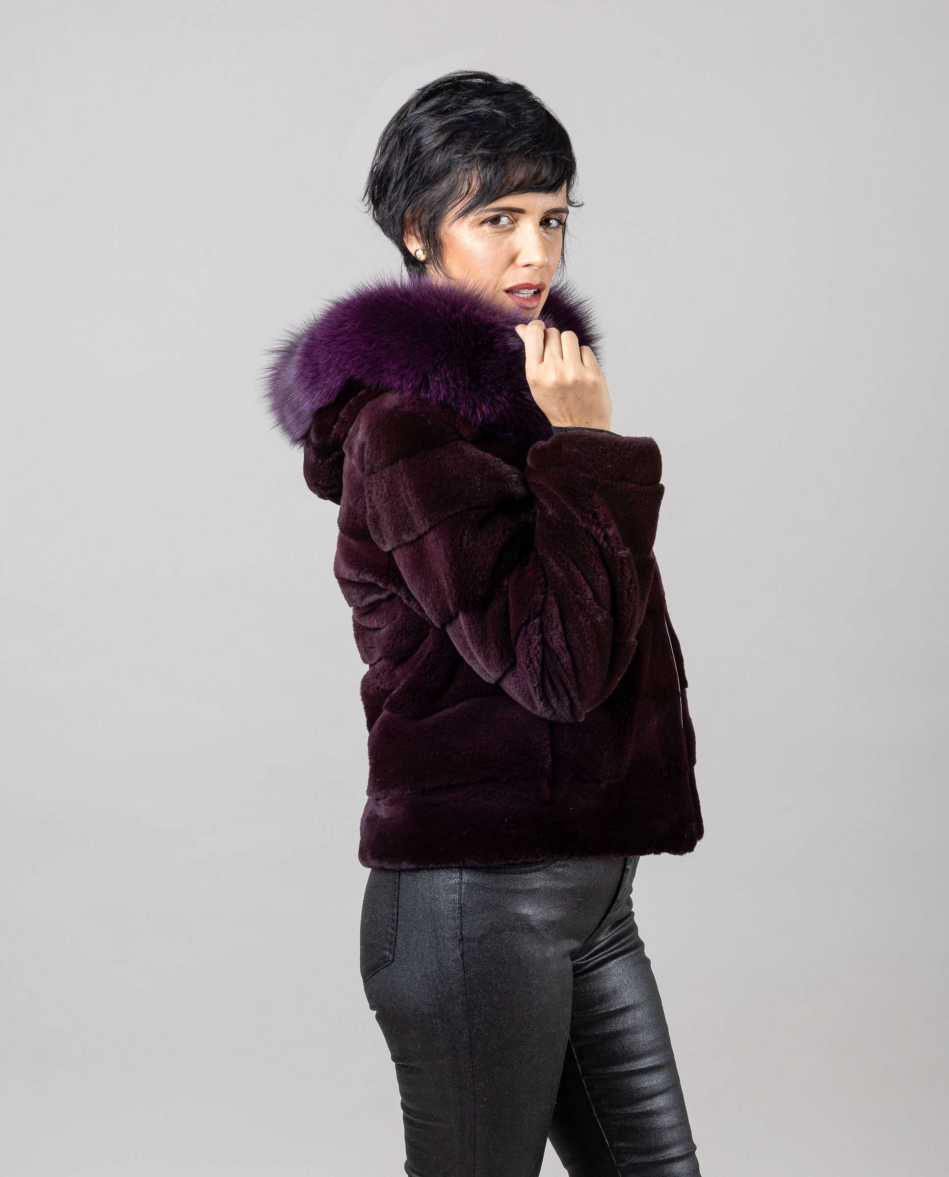 Cazadora de mujer de pelo de visón despinzado con capucha - De la Roca - Morado Morado-3