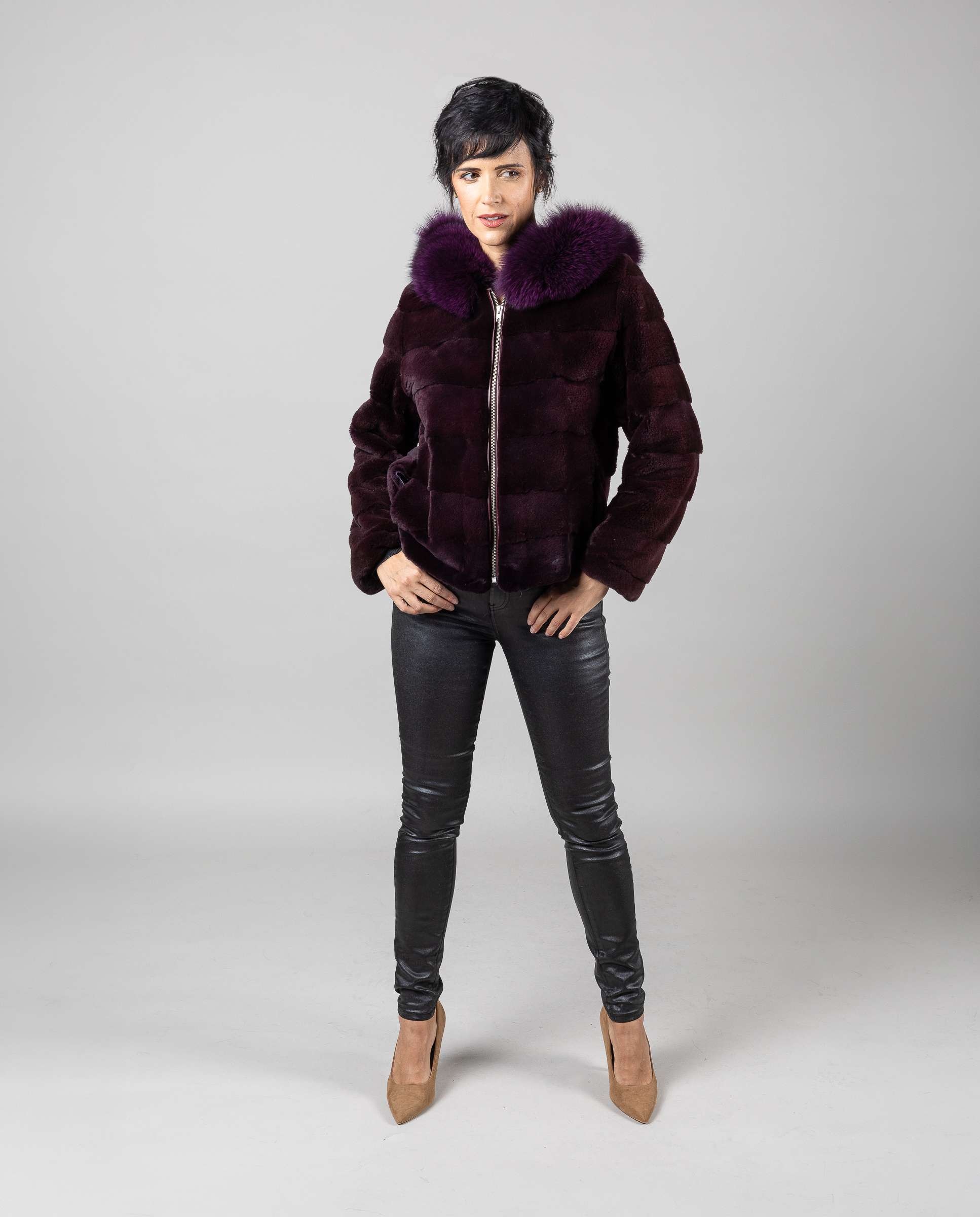 Cazadora de mujer de pelo de visón despinzado con capucha - De la Roca - Morado Morado-4