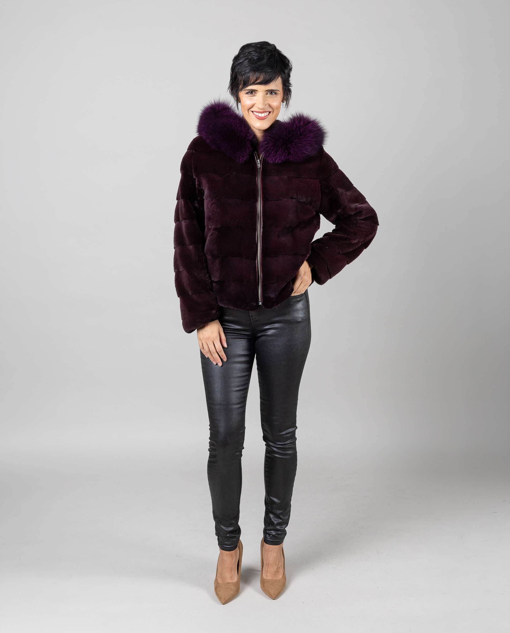 Cazadora de mujer de pelo de visón despinzado con capucha - De la Roca - Morado Morado-5