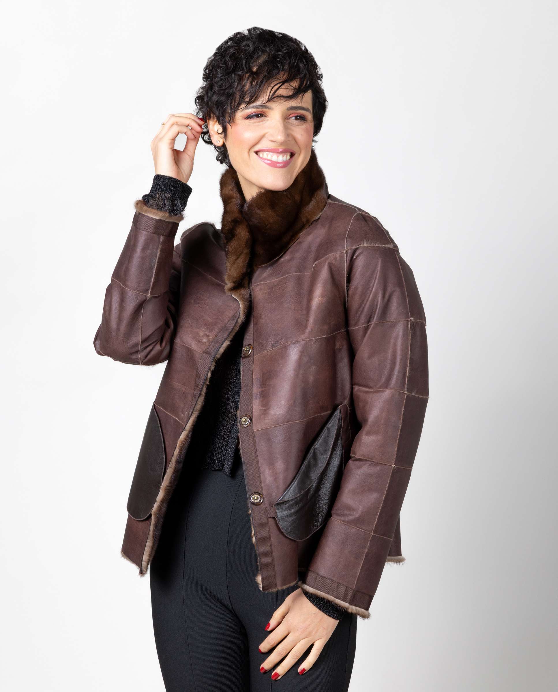 Chaqueta de mujer de pelo de visón napado reversible - De la Roca - Marrón Marrón-4