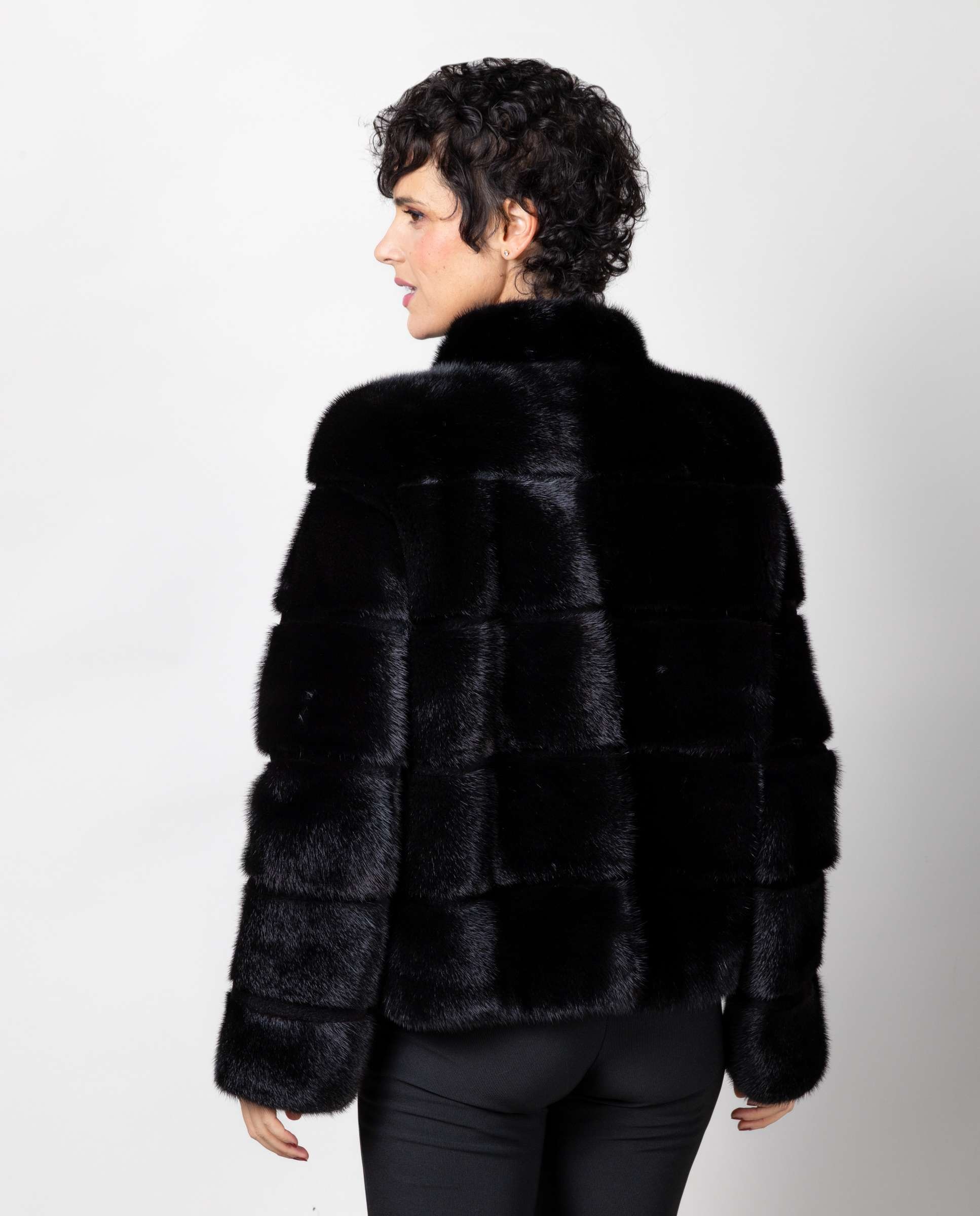 Chaqueta de mujer de pelo de visón diamante con inserciones al tono - De la Roca - Negro Negro-2
