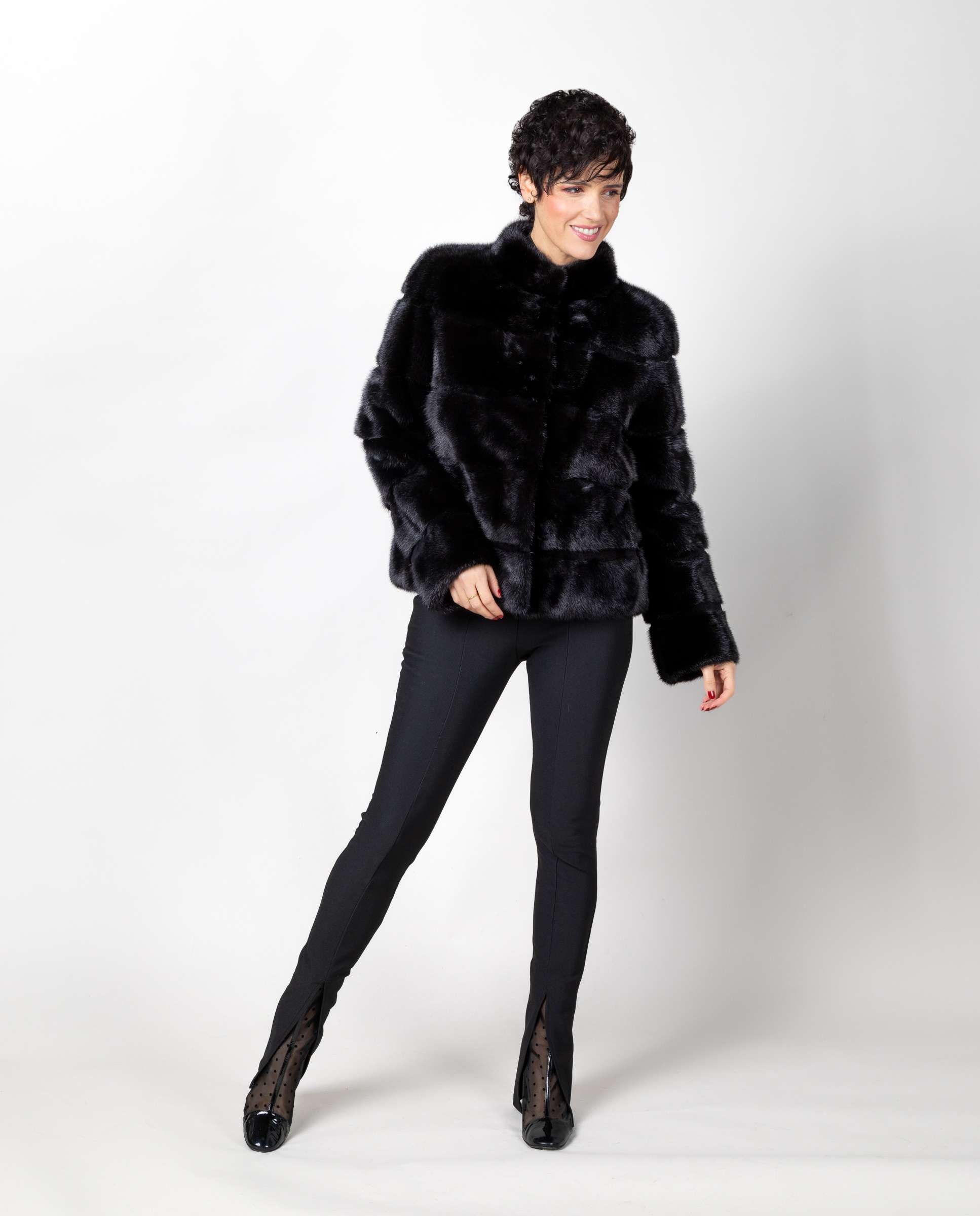 Chaqueta de mujer de pelo de visón diamante con inserciones al tono - De la Roca - Negro Negro-3