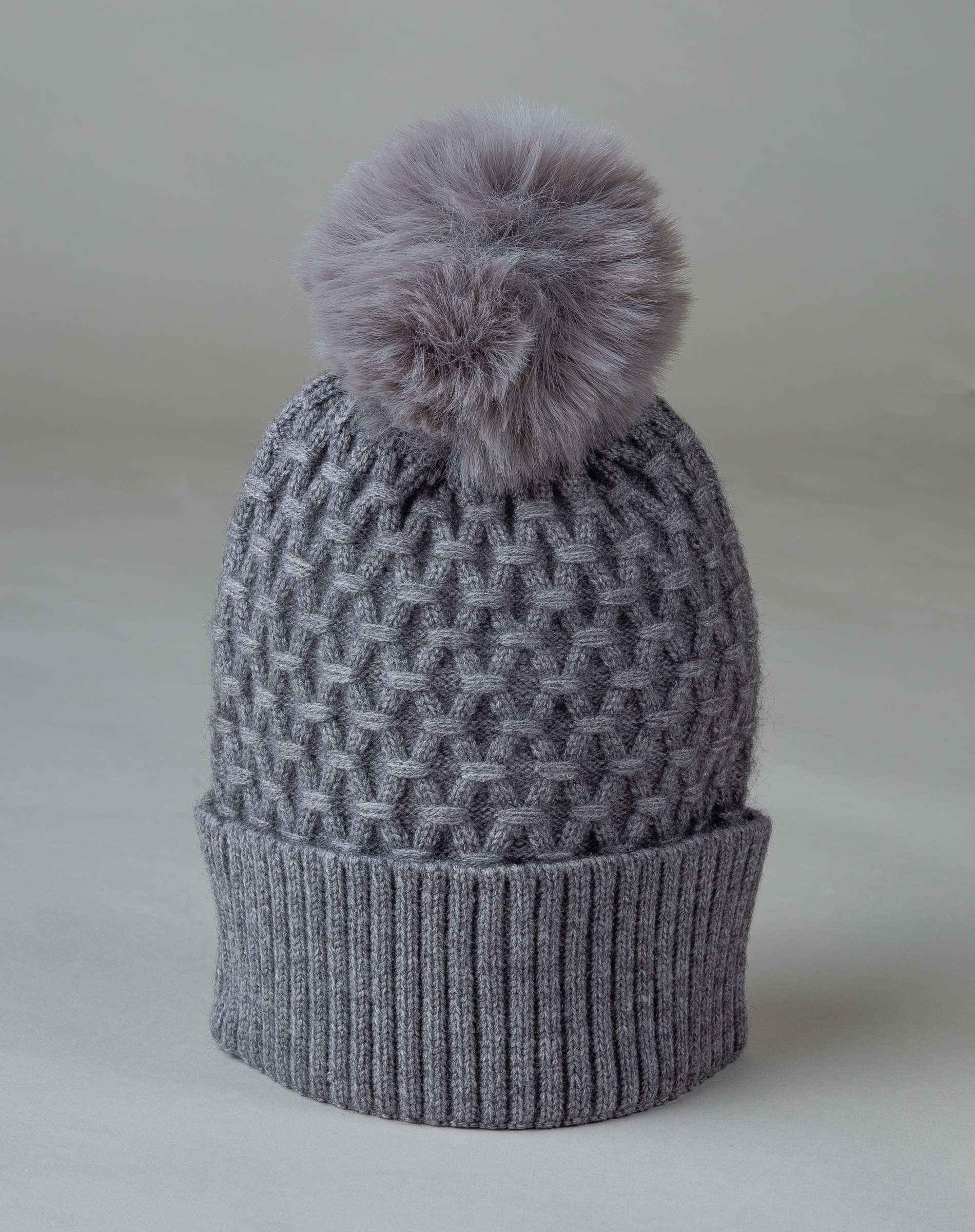 Gorro de mujer de lana con pompón de pelo de rex - De la Roca - Gris Gris-1