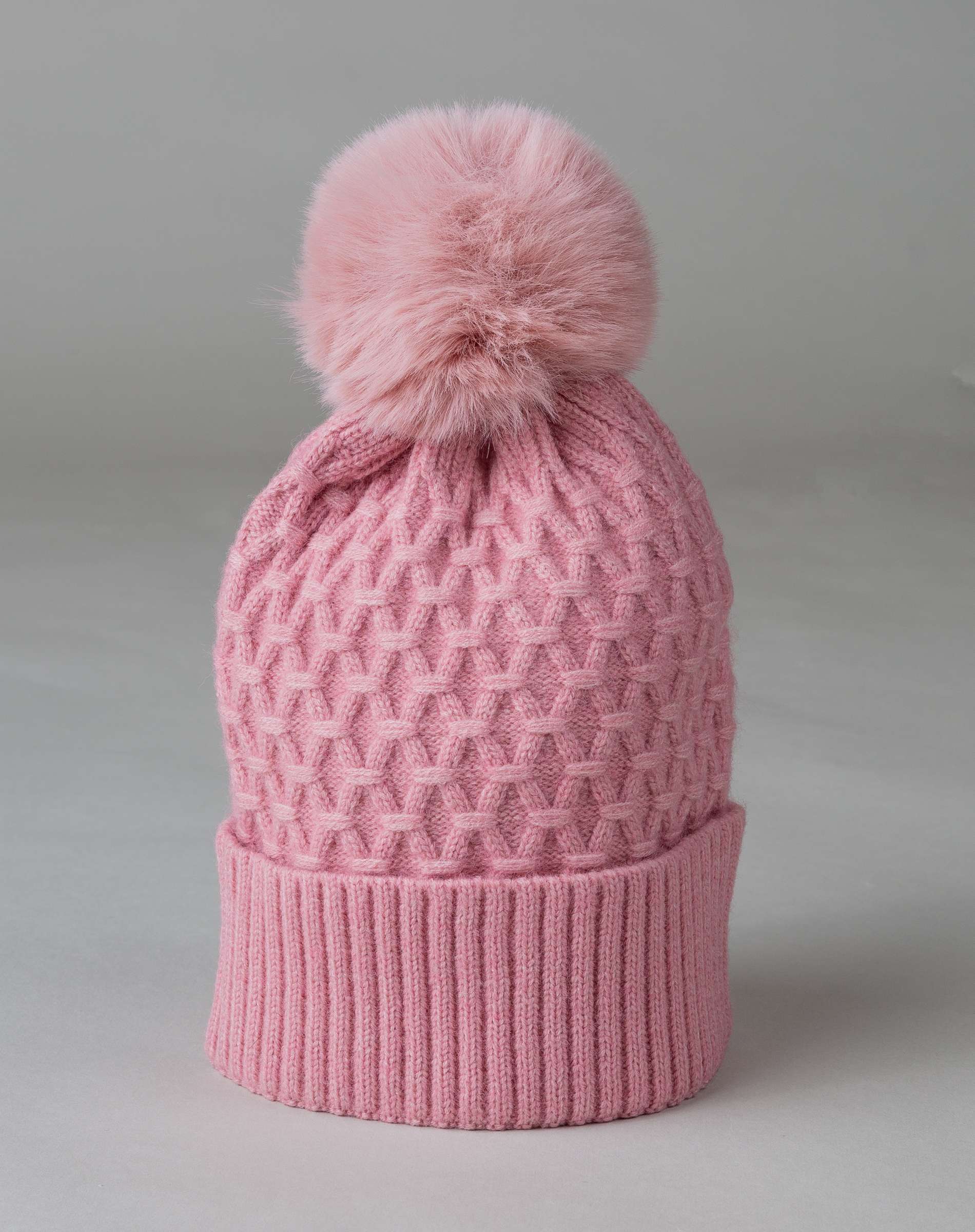 Gorro de mujer de lana con pompón de pelo de rex - De la Roca - Rosa Rosa-1