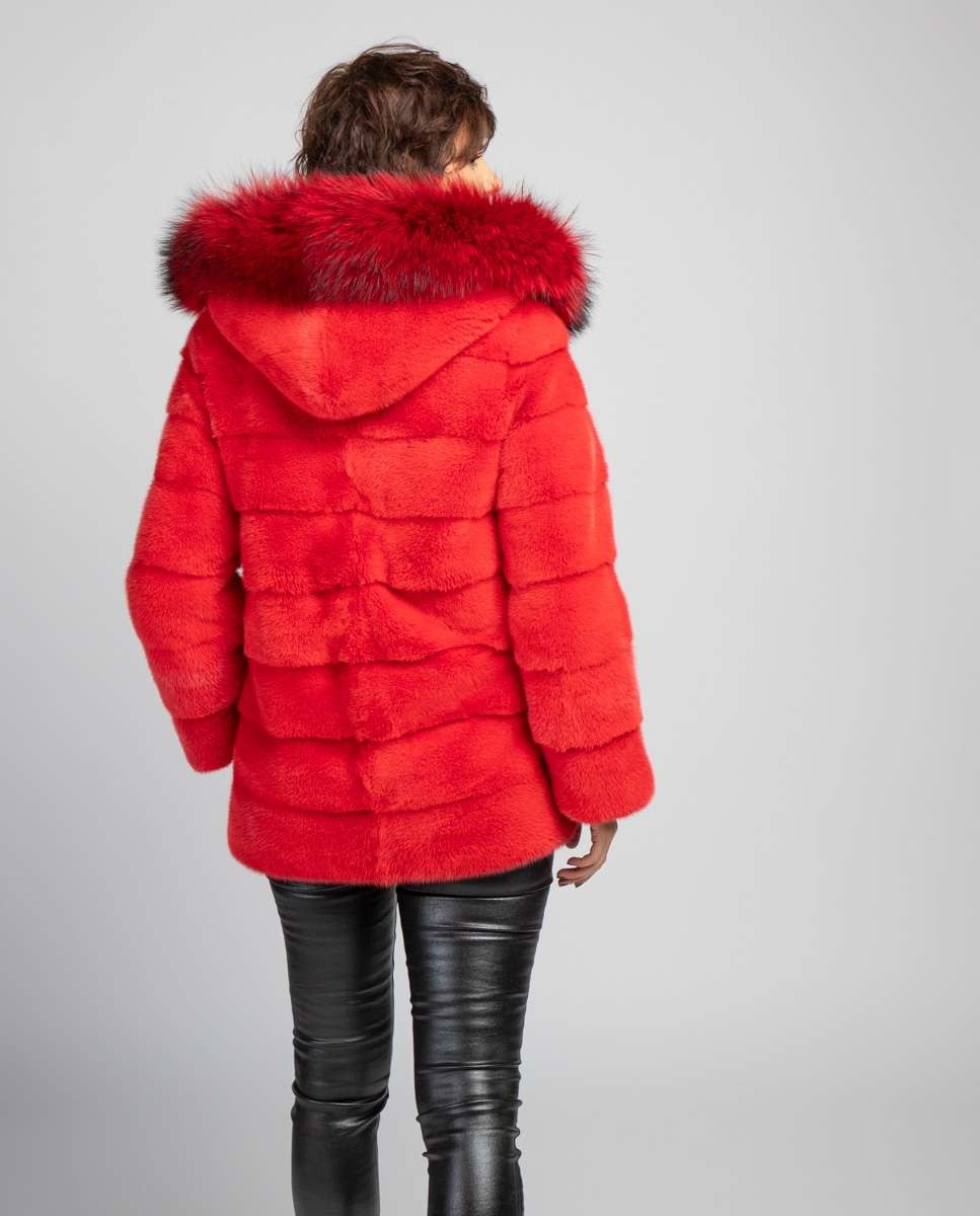 Abrigo de pelo de mujer de visón con capucha - De la Roca - Rojo Rojo-2