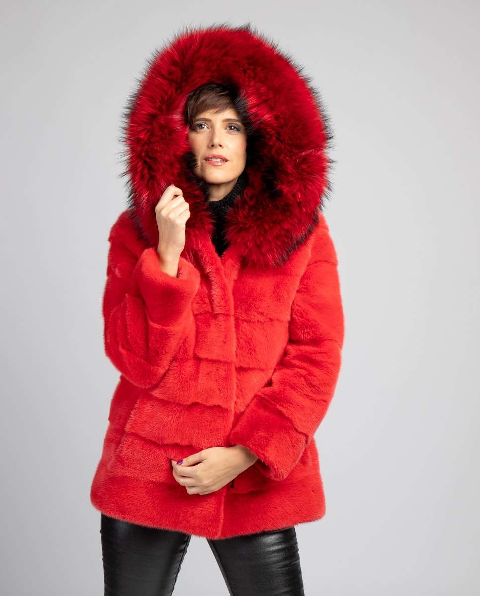 Abrigo de pelo de mujer de visón con capucha - De la Roca - Rojo Rojo-3