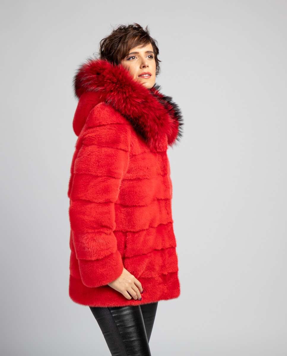 Abrigo de pelo de mujer de visón con capucha - De la Roca - Rojo Rojo-4