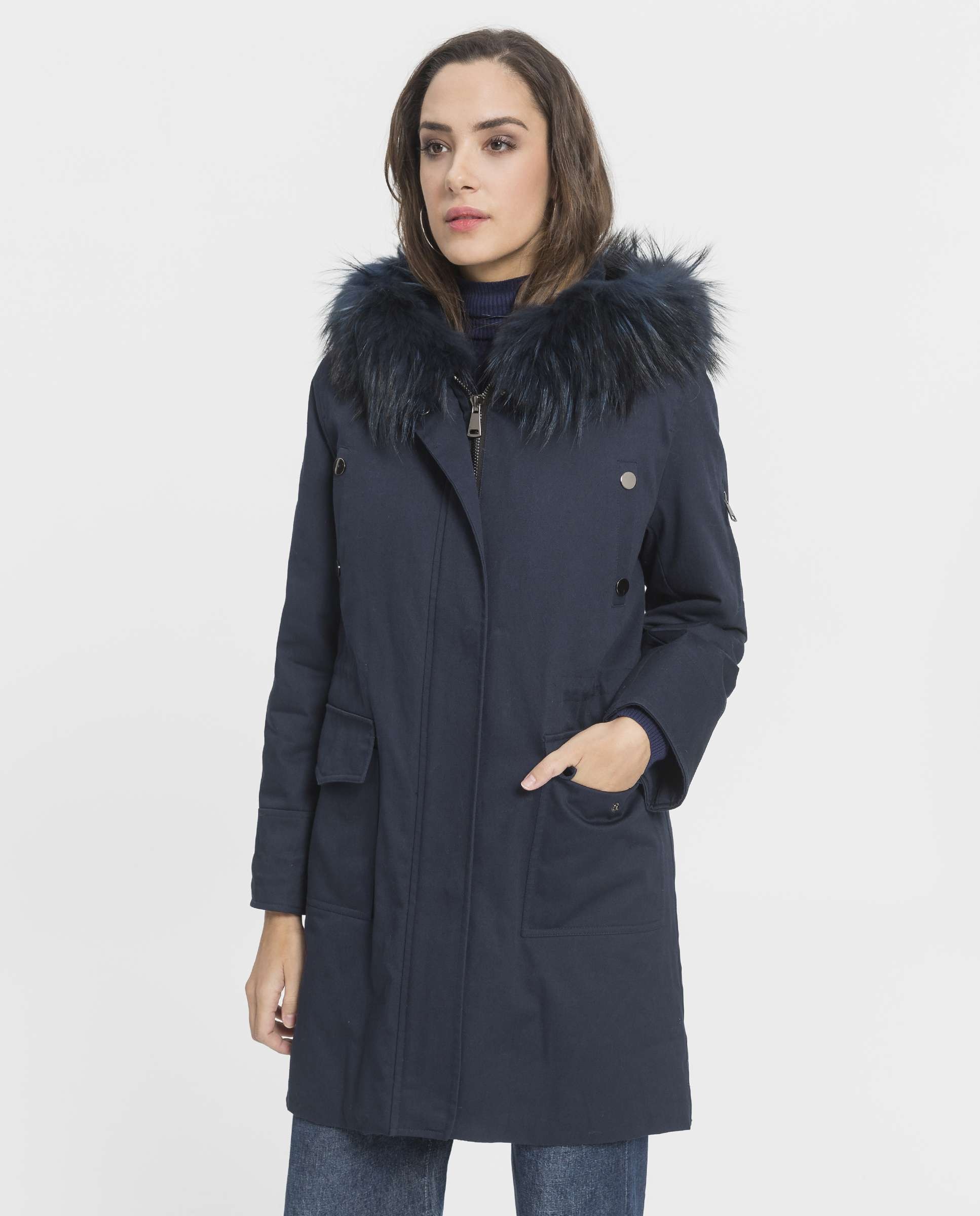 Imagen 0 de Parka de mujer con forro de conejo y capucha Azul oscuro