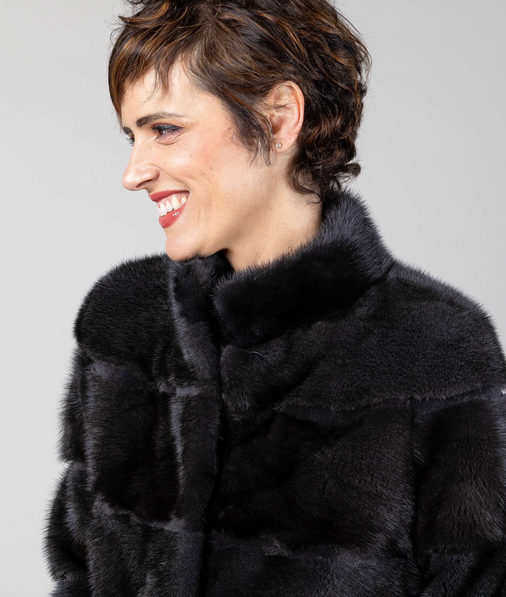 Abrigo de mujer de pelo de visón con cuello levantado - De la Roca - Marrón oscuro Marrón oscuro-3
