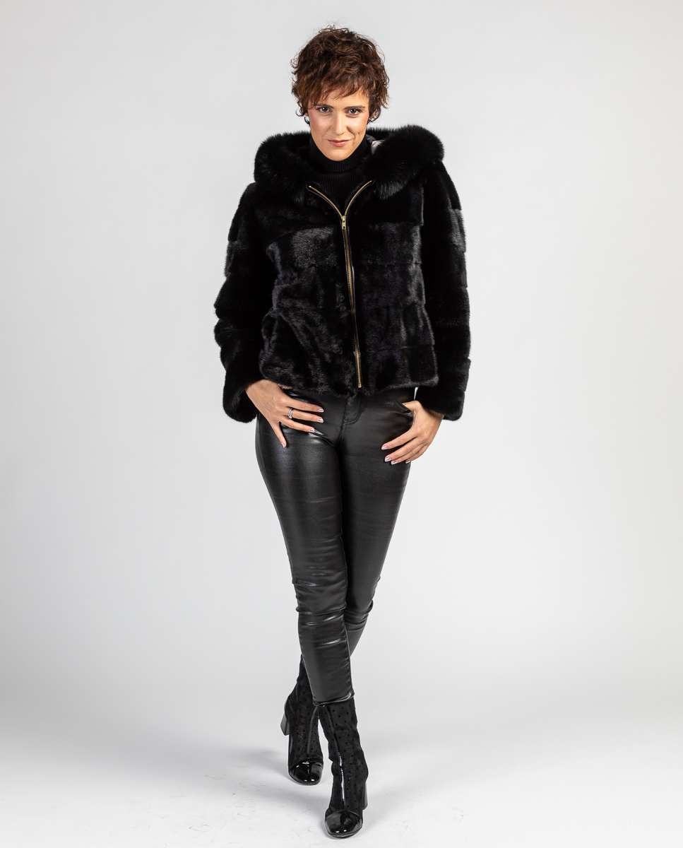 Chaqueta de pelo de mujer de visón con capucha de zorro - De la Roca - Negro Negro-4