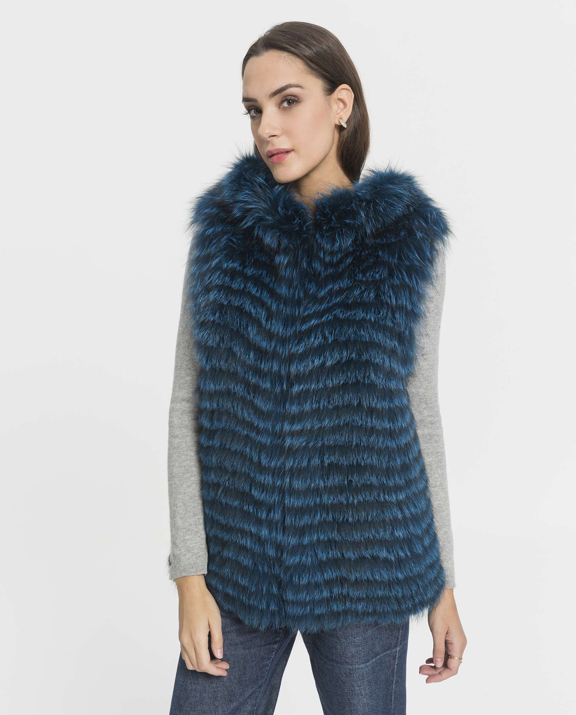 Chaleco de pelo de mujer largo de zorro reversible con capucha - De la Roca - Azul Azul-1
