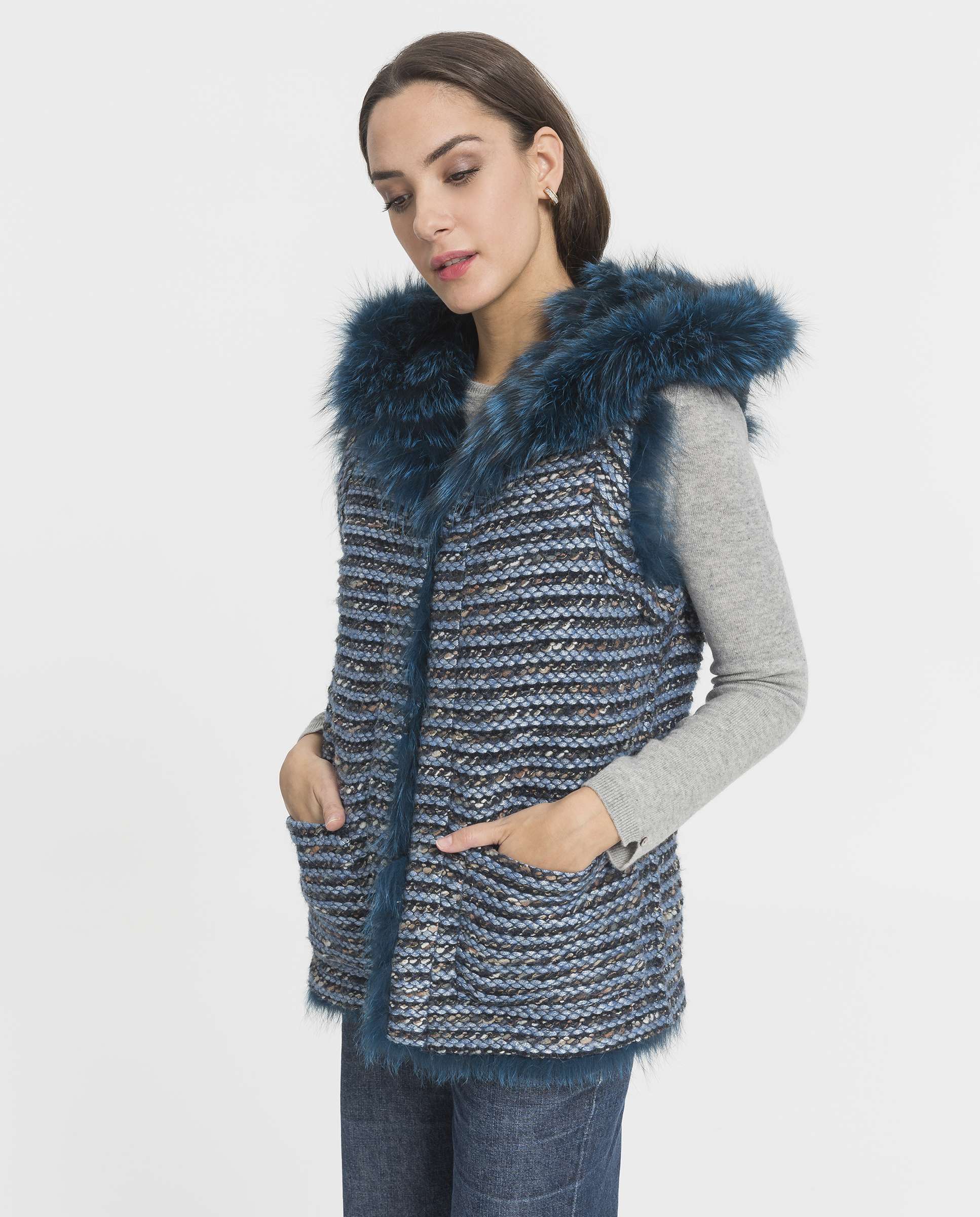 Chaleco de pelo de mujer largo de zorro reversible con capucha - De la Roca - Azul Azul-2