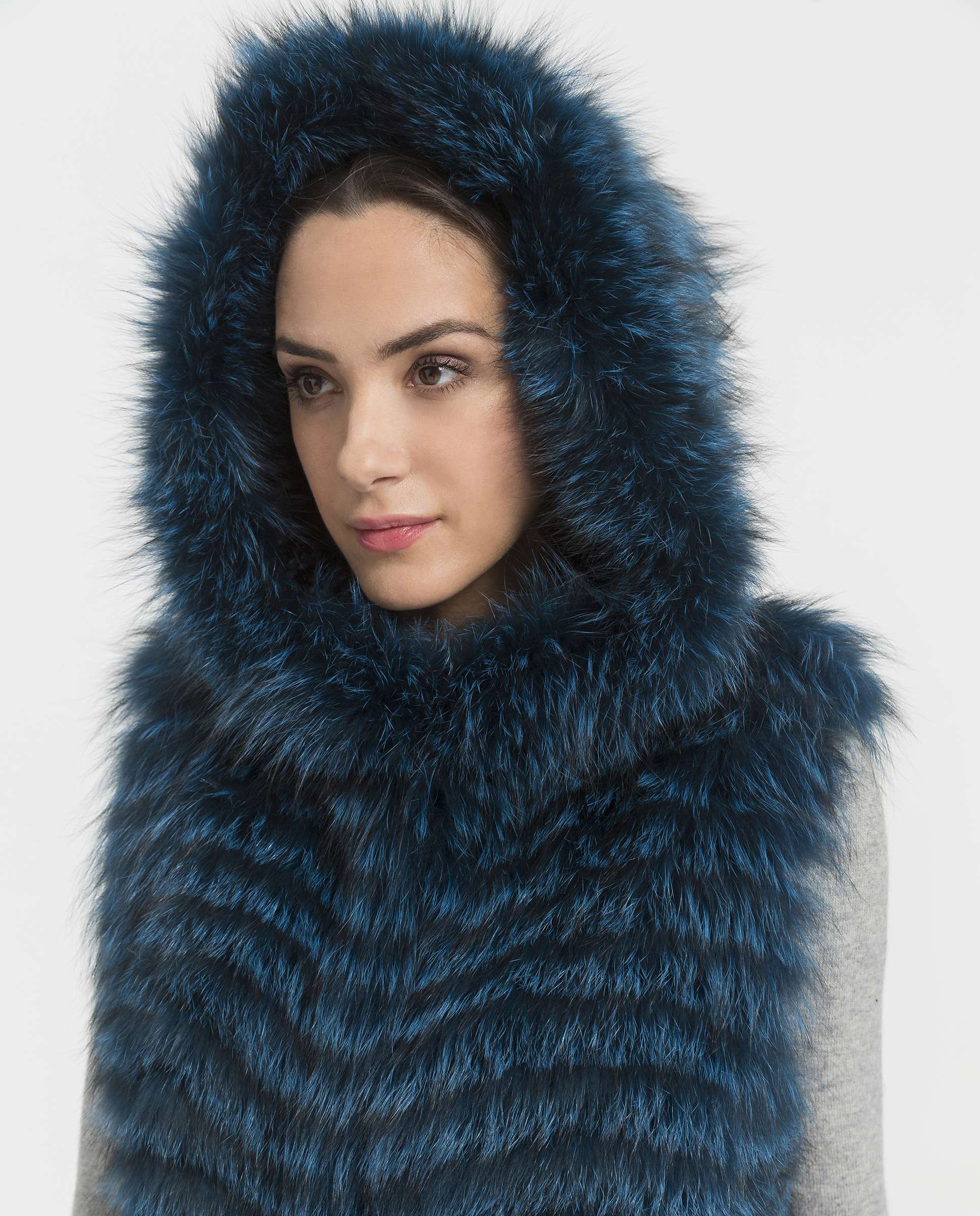 Chaleco de pelo de mujer largo de zorro reversible con capucha - De la Roca - Azul Azul-3