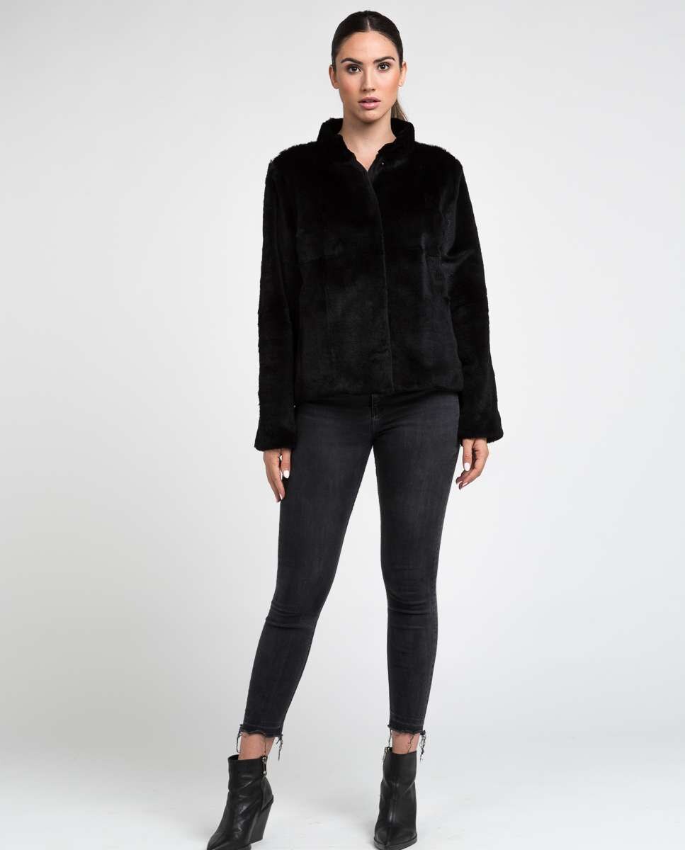 Chaqueta de mujer de ante reversible con estampado y rex rasado - De la Roca - Negro Negro-5