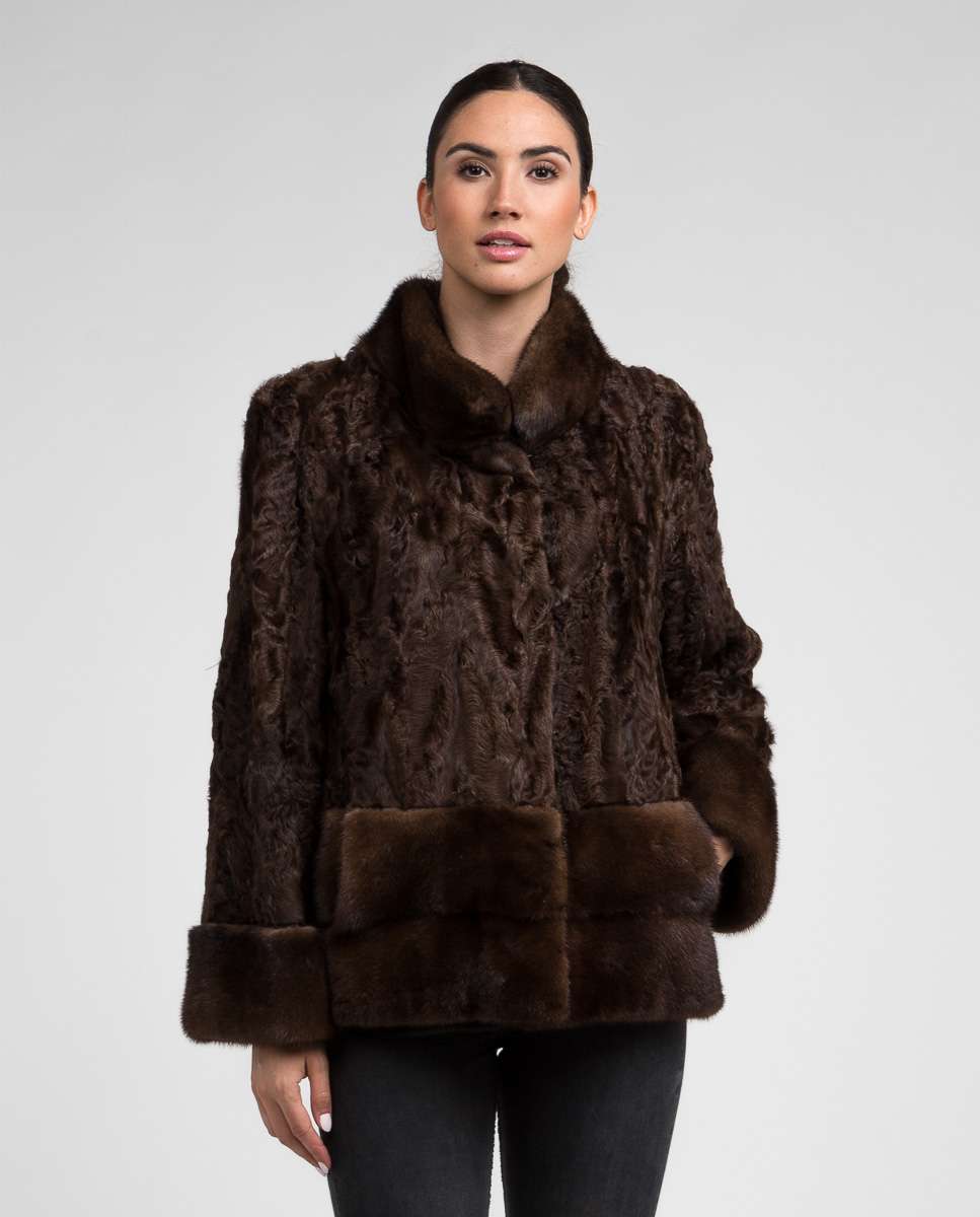 Chaqueta de pelo de mujer de tianjín y visón con cuello levantado - De la Roca - Marrón Marrón-1