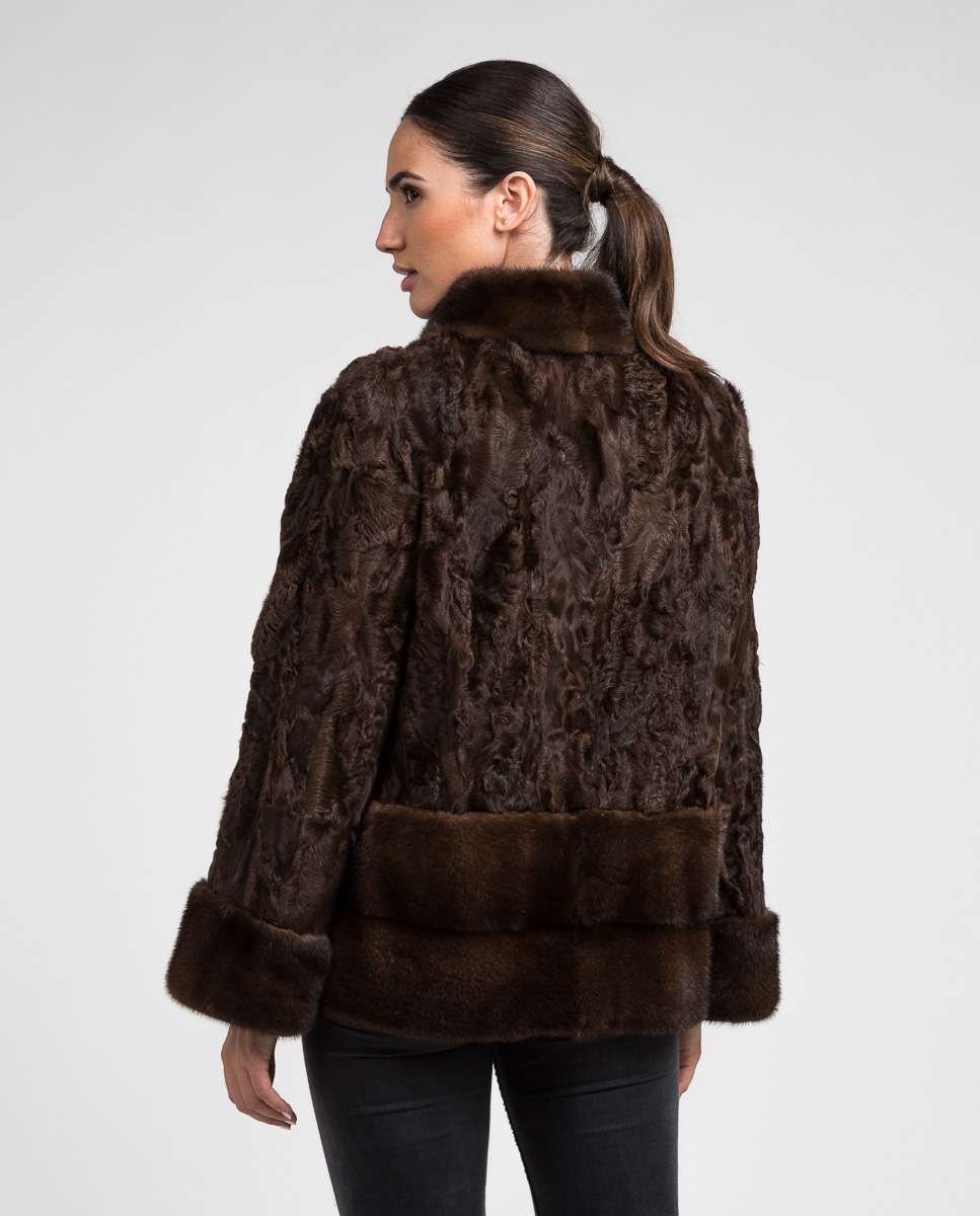 Chaqueta de pelo de mujer de tianjín y visón con cuello levantado - De la Roca - Marrón Marrón-2