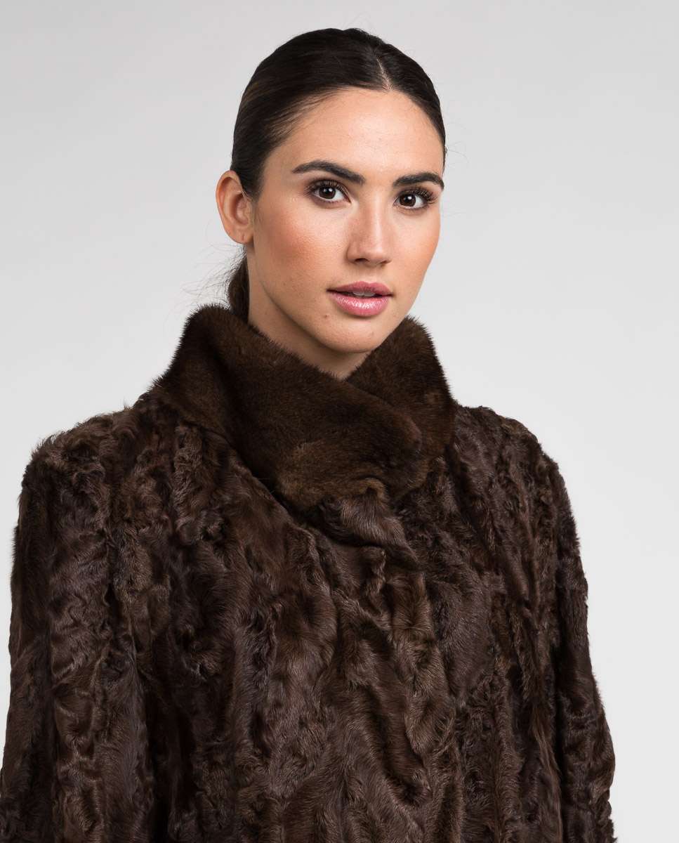 Chaqueta de pelo de mujer de tianjín y visón con cuello levantado - De la Roca - Marrón Marrón-3