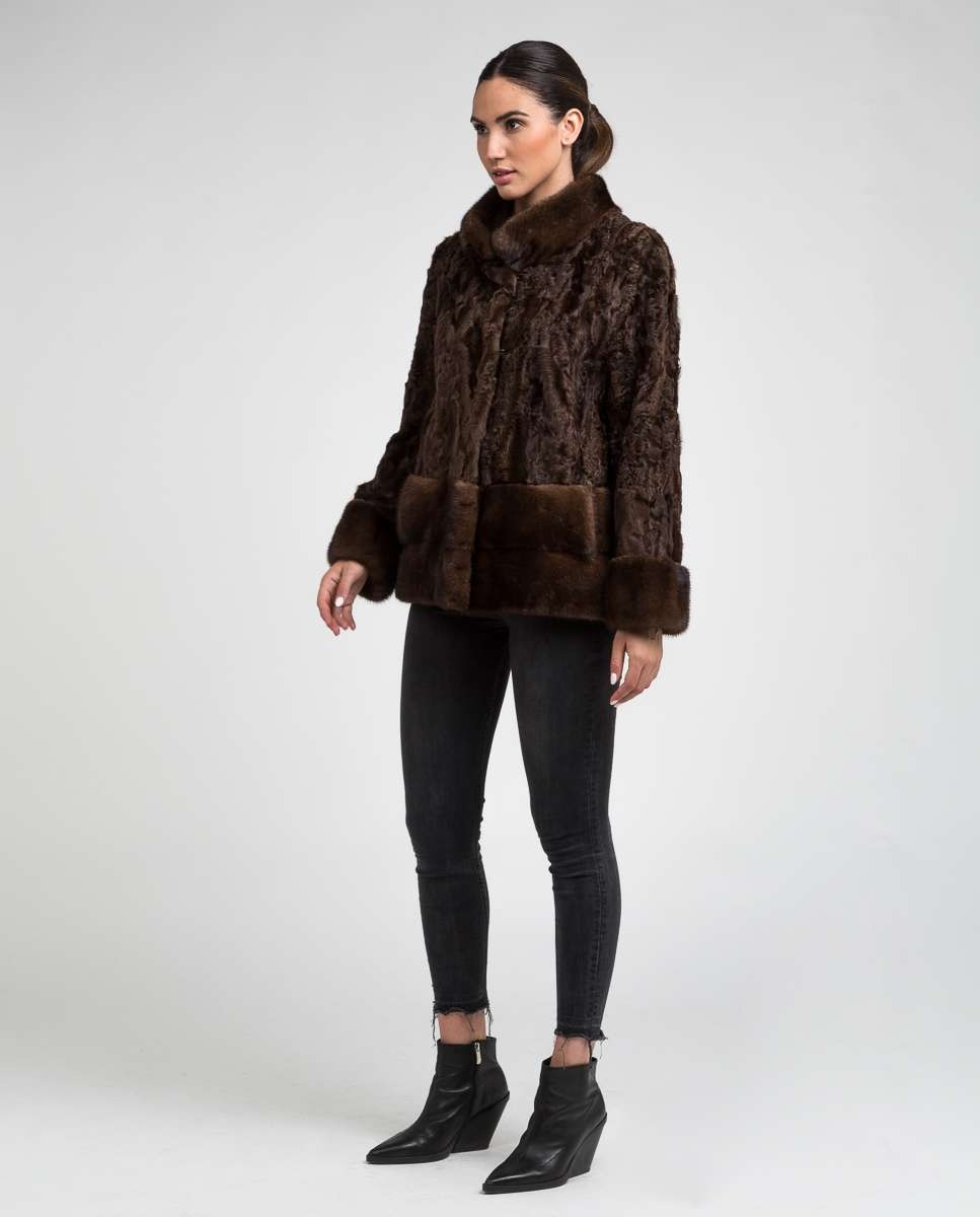 Chaqueta de pelo de mujer de tianjín y visón con cuello levantado - De la Roca - Marrón Marrón-4