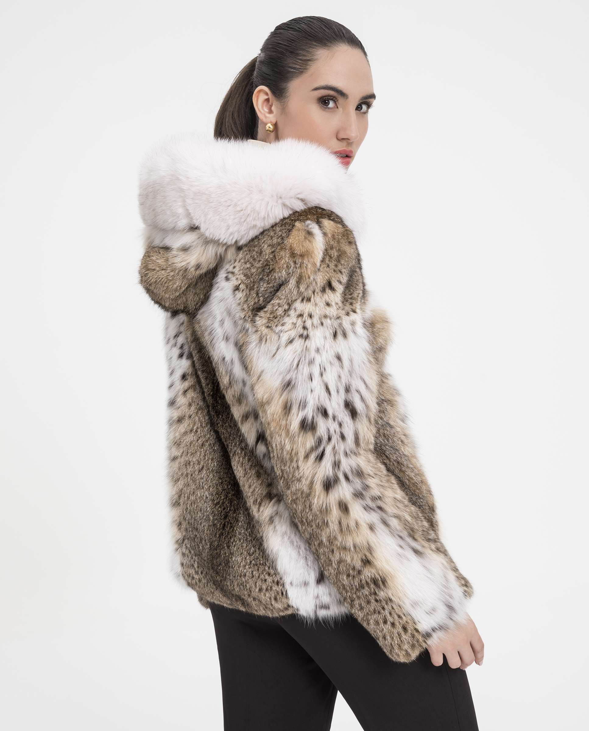 Chaqueta de pelo de mujer de gato lince con capucha y cierre de cremallera - De la Roca - Marrón / Blanco roto Marrón / Blanco roto-2