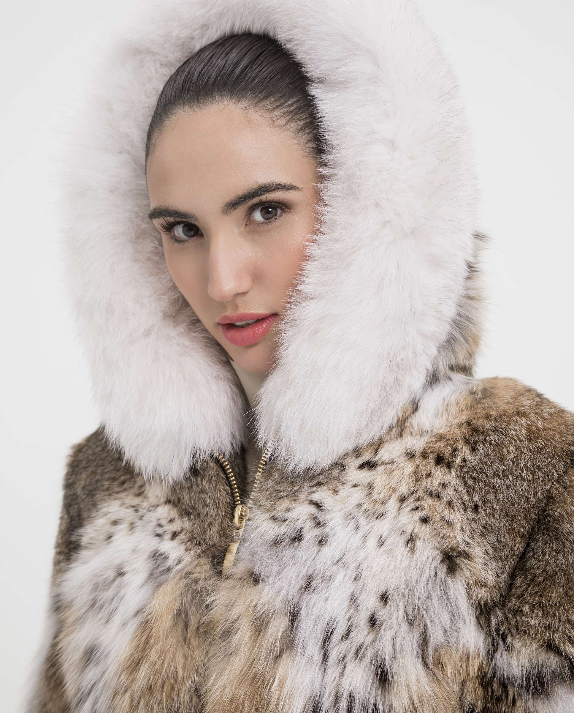 Chaqueta de pelo de mujer de gato lince con capucha y cierre de cremallera - De la Roca - Marrón / Blanco roto Marrón / Blanco roto-3