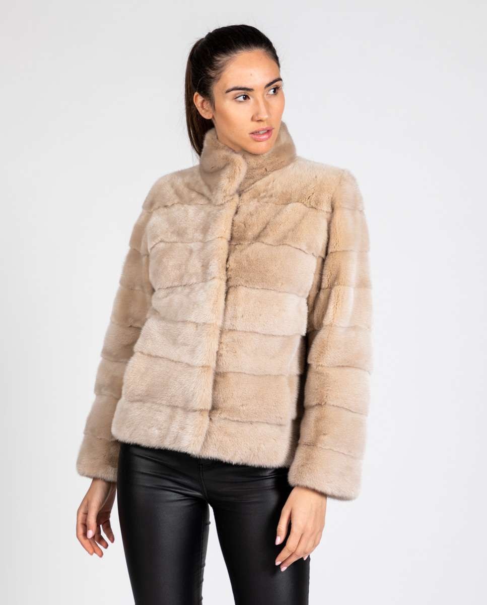 Chaqueta de pelo de mujer de visón con cuello levantado - De la Roca - Beige Beige-1