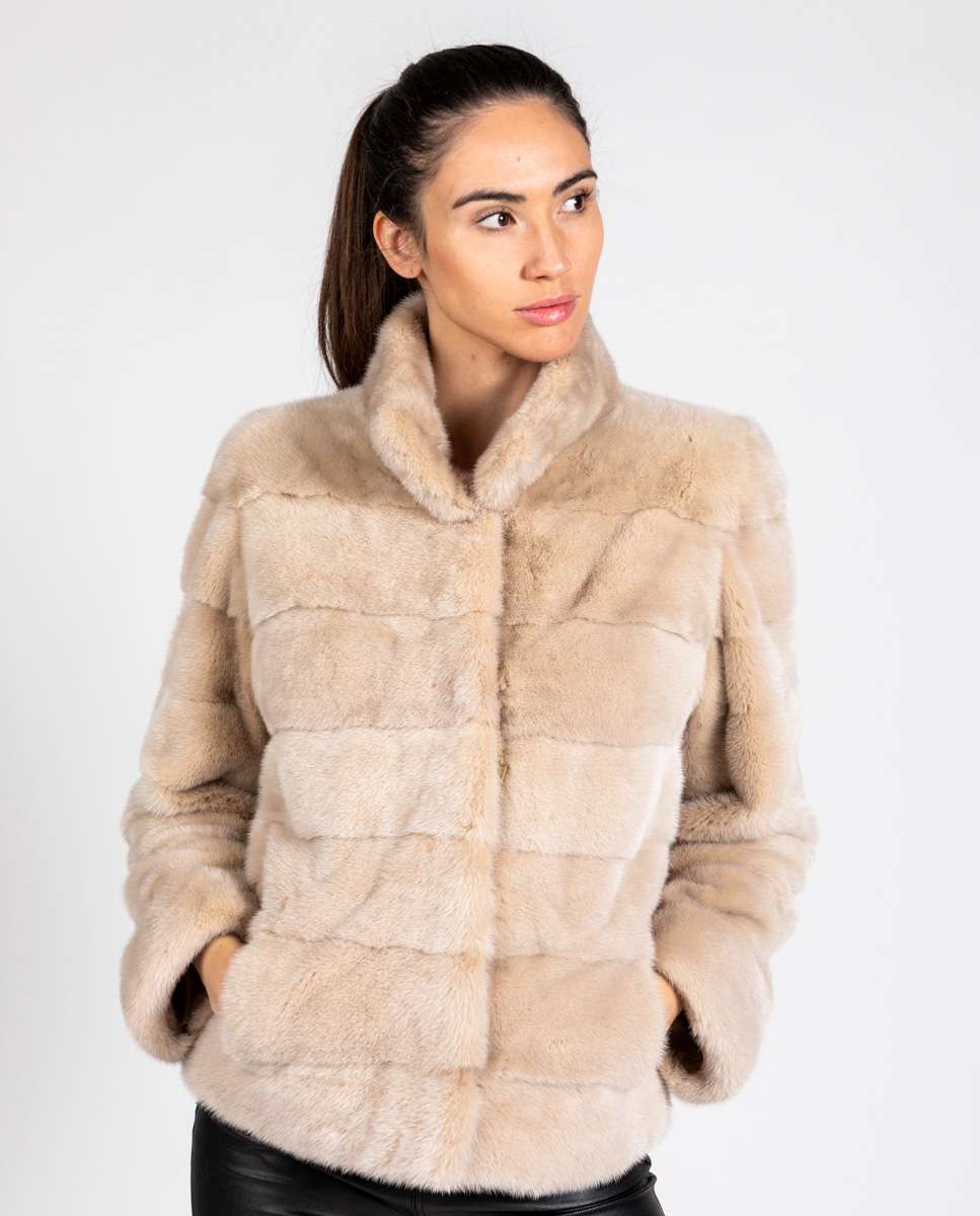Chaqueta de pelo de mujer de visón con cuello levantado - De la Roca - Beige Beige-3