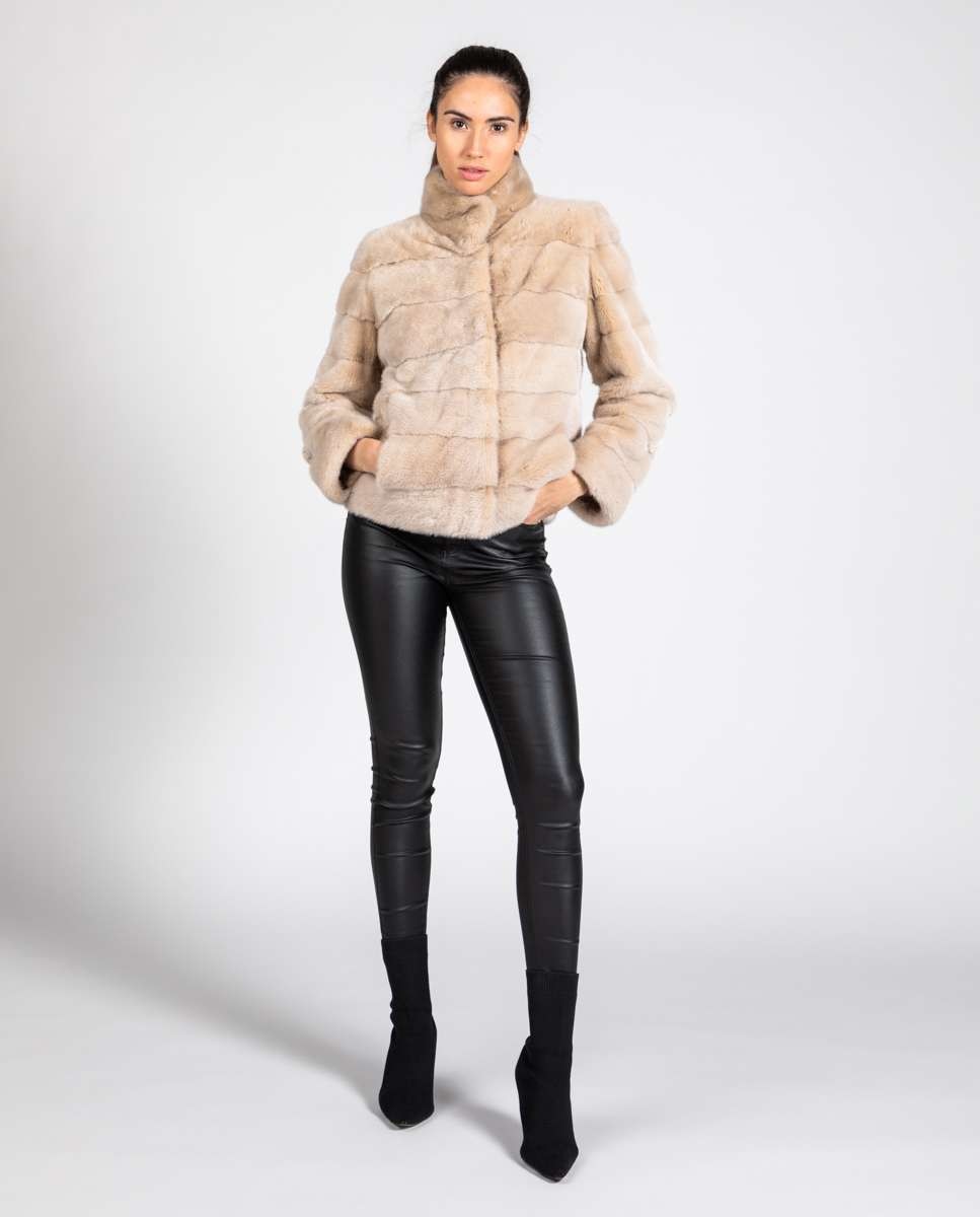 Chaqueta de pelo de mujer de visón con cuello levantado - De la Roca - Beige Beige-4
