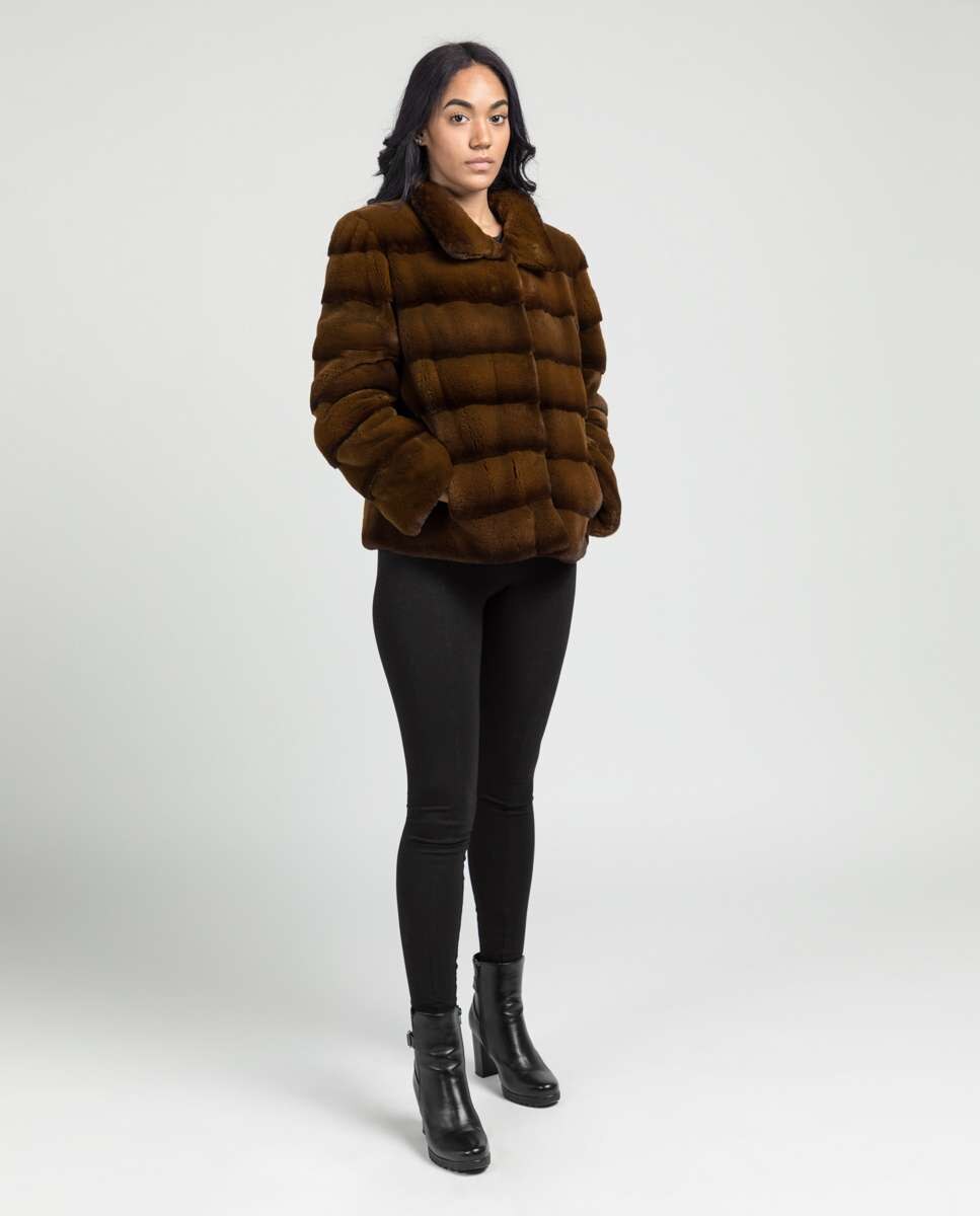 Chaqueta de pelo de mujer de visón con diseño horizontal - De la Roca - Marrón oscuro Marrón oscuro-4