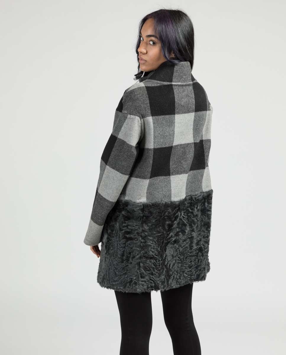 Abrigo de pelo de mujer de astrakán con diseño de cuadros - De la Roca - Gris / Negro Gris / Negro-2