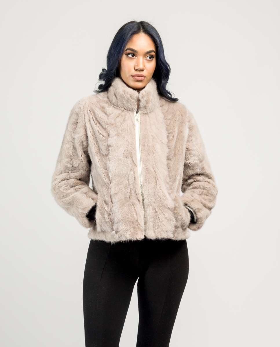Chaqueta de pelo de mujer de visón con cuello levantado - De la Roca - Beige / Blanco Beige / Blanco-1