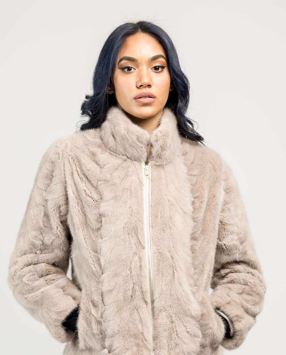 Chaqueta de pelo de mujer de visón con cuello levantado - De la Roca - Beige / Blanco Beige / Blanco-3