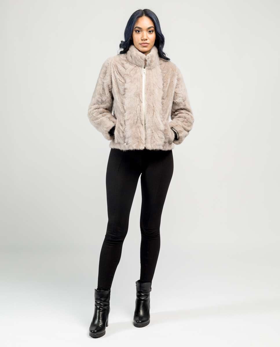 Chaqueta de pelo de mujer de visón con cuello levantado - De la Roca - Beige / Blanco Beige / Blanco-4