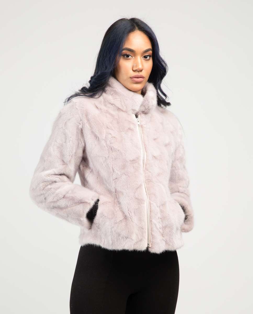 Chaqueta de pelo de mujer de visón con cuello levantado - De la Roca - Rosa claro Rosa claro-1