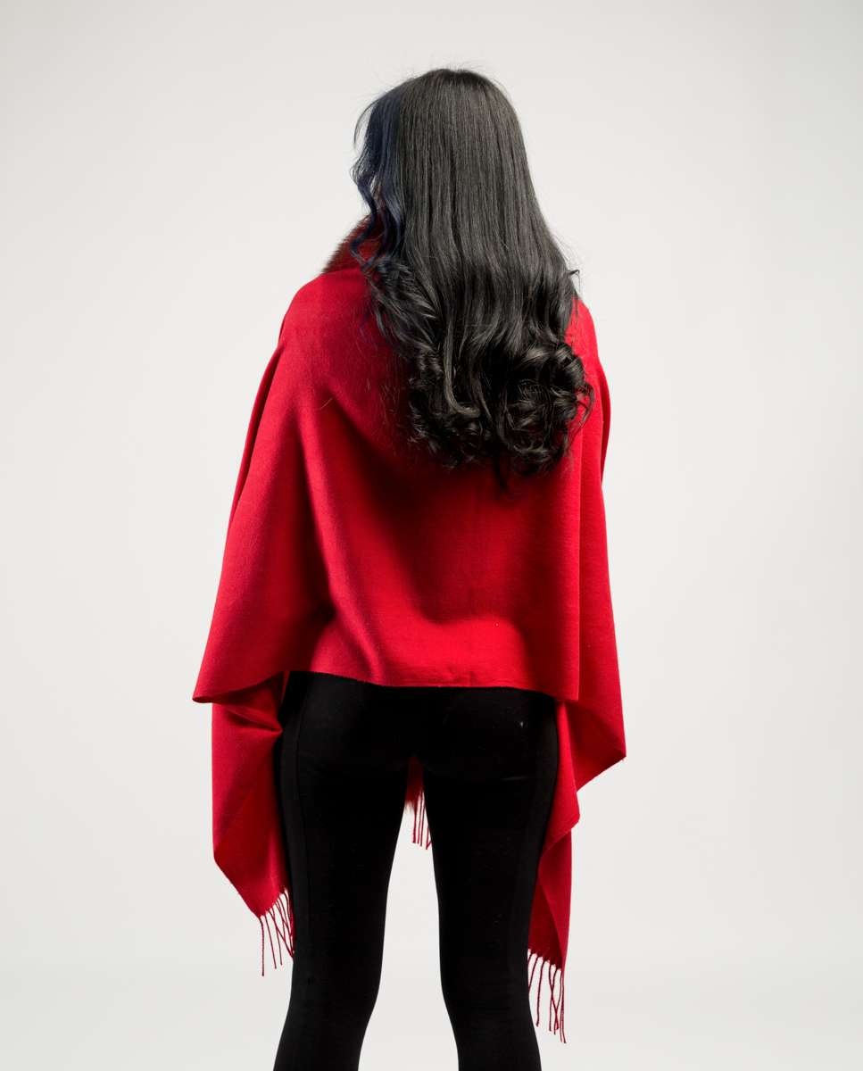 Capa de mujer de lana con ribete de zorro - De la Roca - Rojo Rojo-2