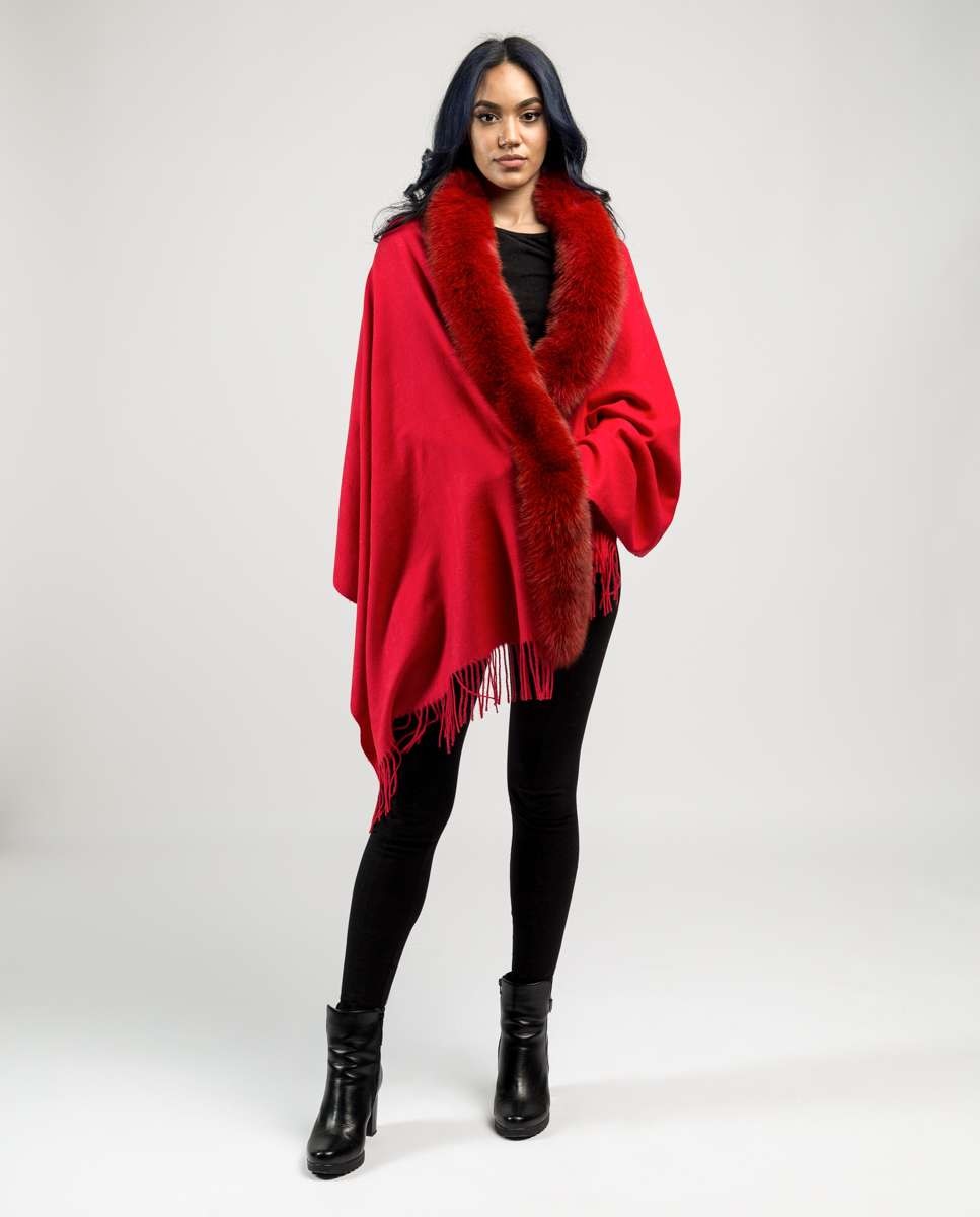 Capa de mujer de lana con ribete de zorro - De la Roca - Rojo Rojo-4