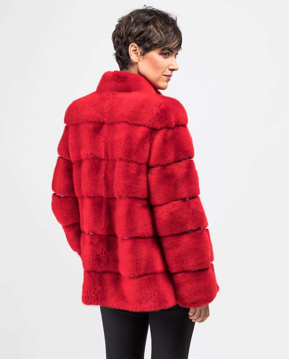 Chaqueta de pelo de mujer de visón con cuello levantado - De la Roca - Rojo Rojo-2