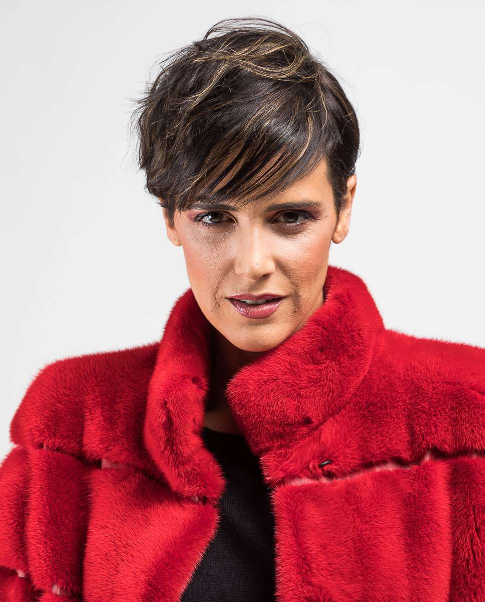 Chaqueta de pelo de mujer de visón con cuello levantado - De la Roca - Rojo Rojo-3